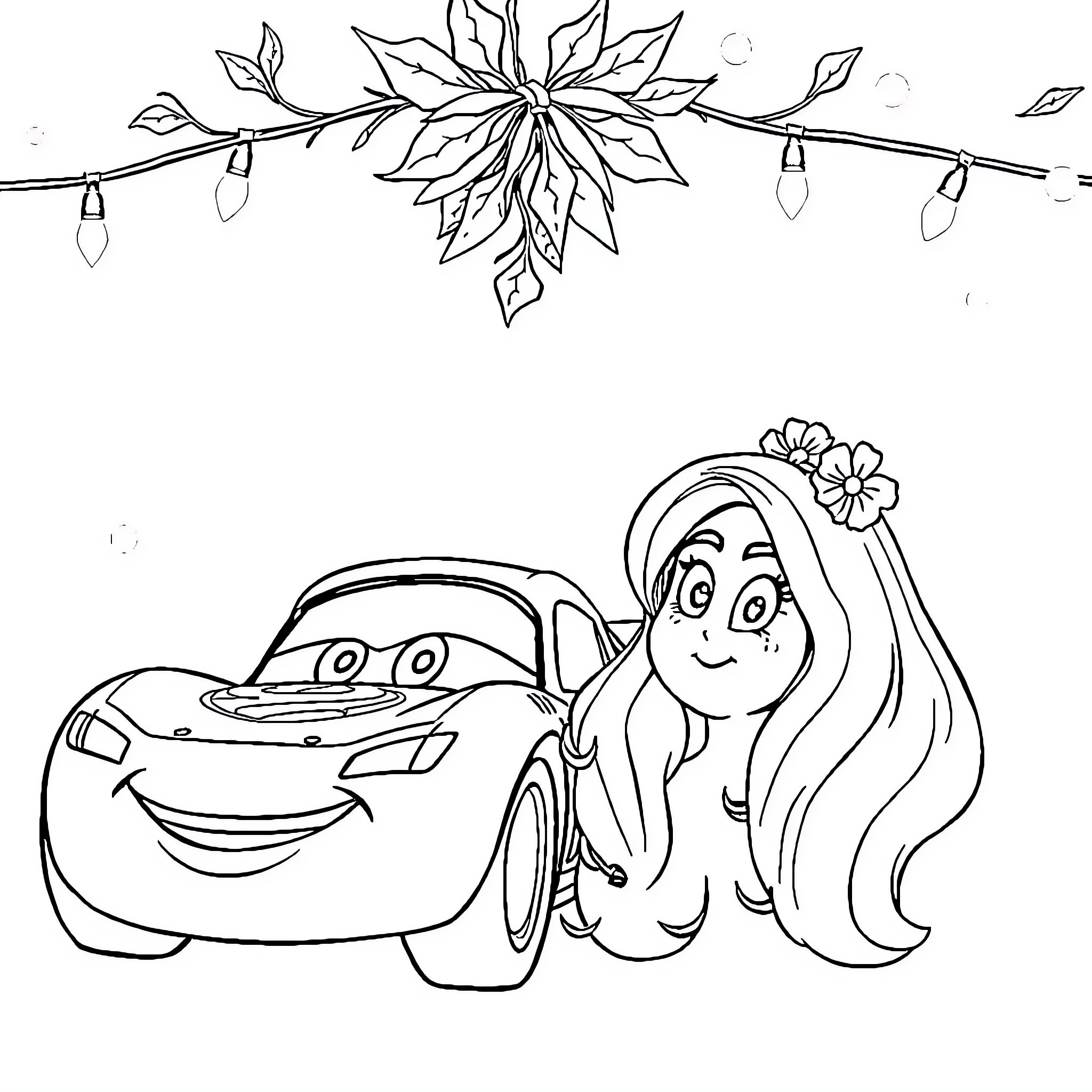 Lightning McQueen and a smiling girl with flower crown Coloring Page (free black-and-white line drawing printable PDF for all, from beginners to advanced learners, including children, teens, adults, and seniors)
