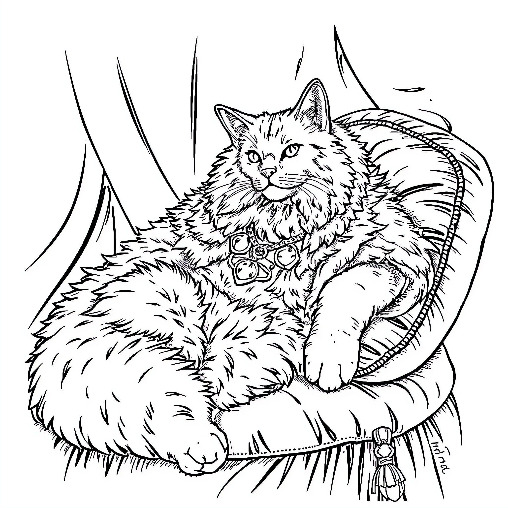 Louis 14th's Feline Companion Lounging Comfortably Coloring Page (free black-and-white line drawing printable PDF for all, from beginners to advanced learners, including children, teens, adults, and seniors)