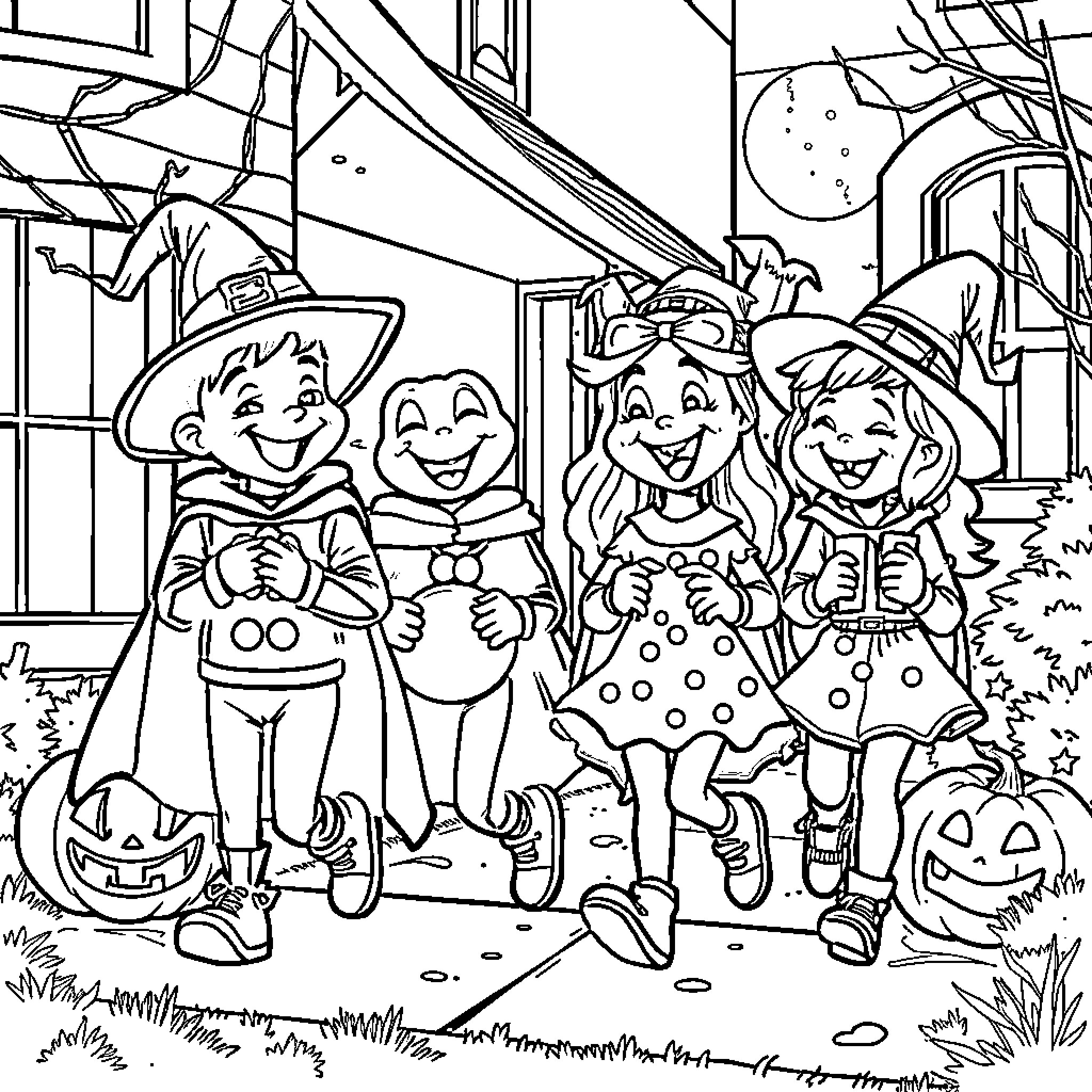 Huntrix's Halloween Adventure with Friends Coloring Page (free black-and-white line drawing printable PDF for all, from beginners to advanced learners, including children, teens, adults, and seniors)