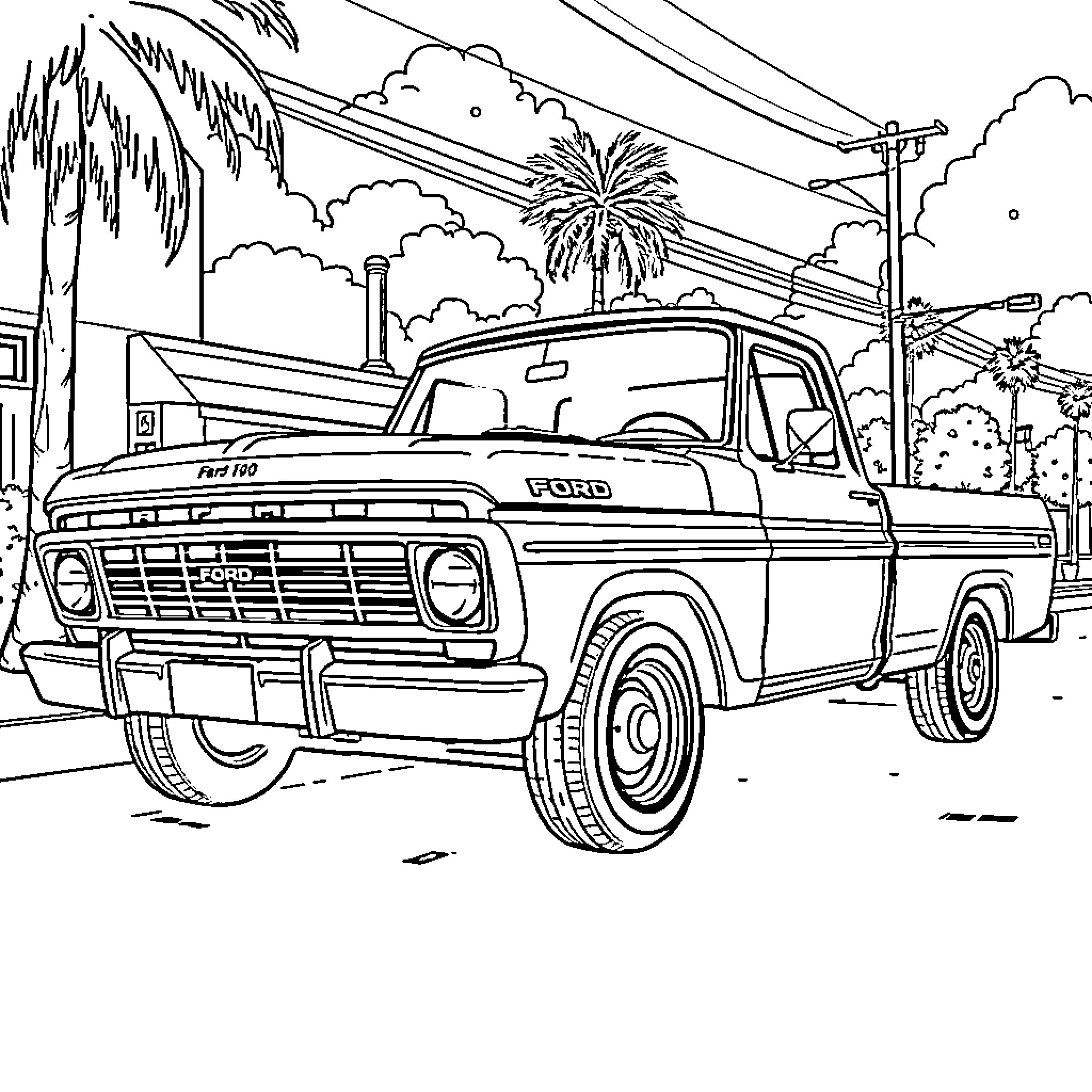 Ford F100 Classic Truck in Tropical Setting Coloring Page (free black-and-white line drawing printable PDF for all, from beginners to advanced learners, including children, teens, adults, and seniors)