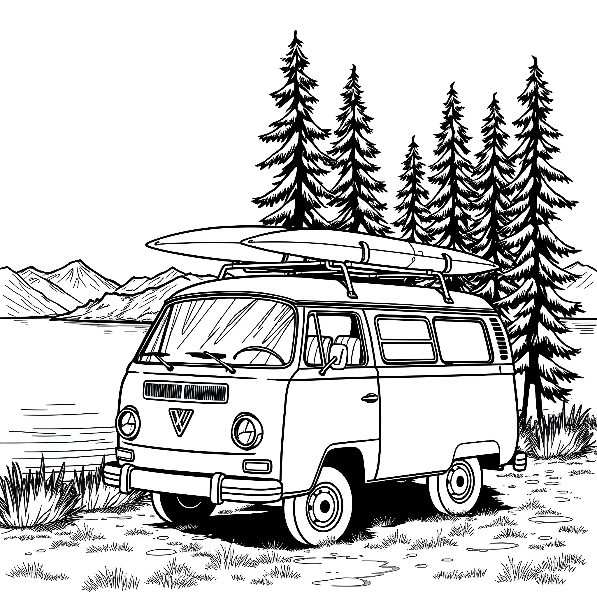 Van parked in scenic mountain landscape Coloring Page (free black-and-white line drawing printable PDF for all, from beginners to advanced learners, including children, teens, adults, and seniors)
