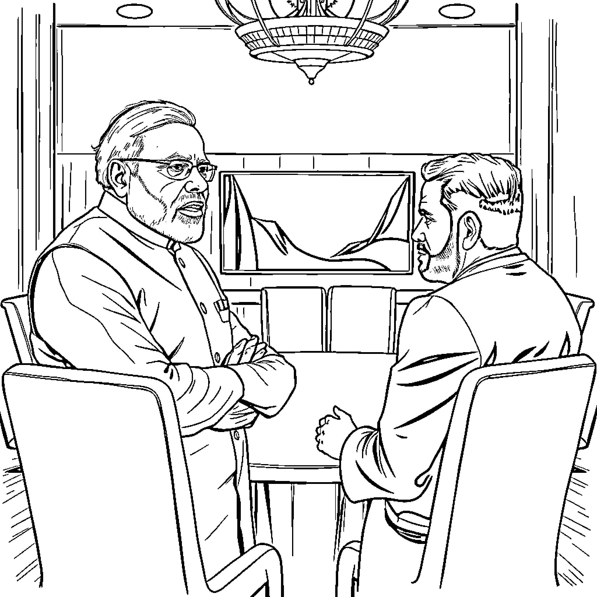 Modi in a meeting with serious discussion Coloring Page (free black-and-white line drawing printable PDF for all, from beginners to advanced learners, including children, teens, adults, and seniors)