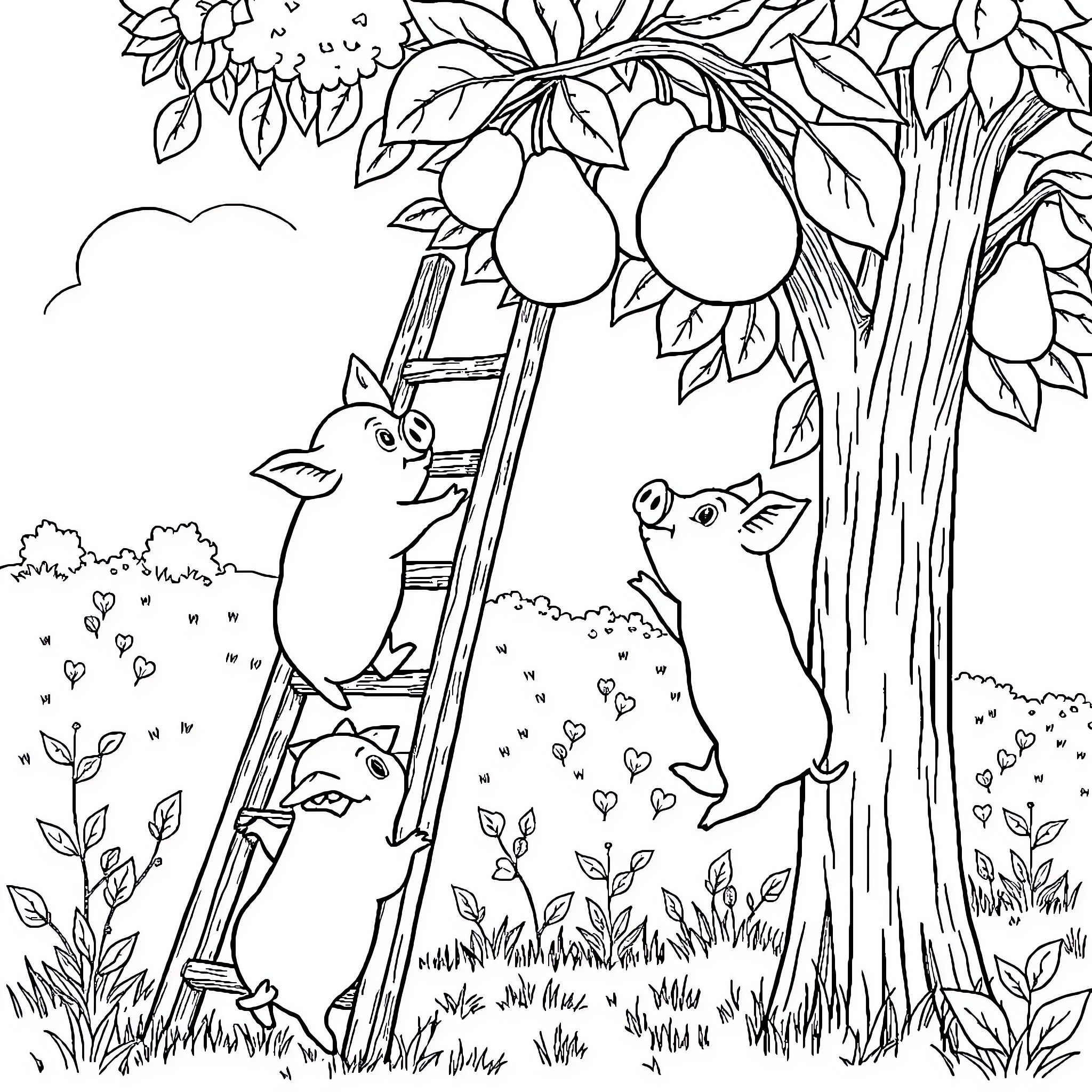 Pig climbing on ladder to reach fruit Coloring Page (free black-and-white line drawing printable PDF for all, from beginners to advanced learners, including children, teens, adults, and seniors)