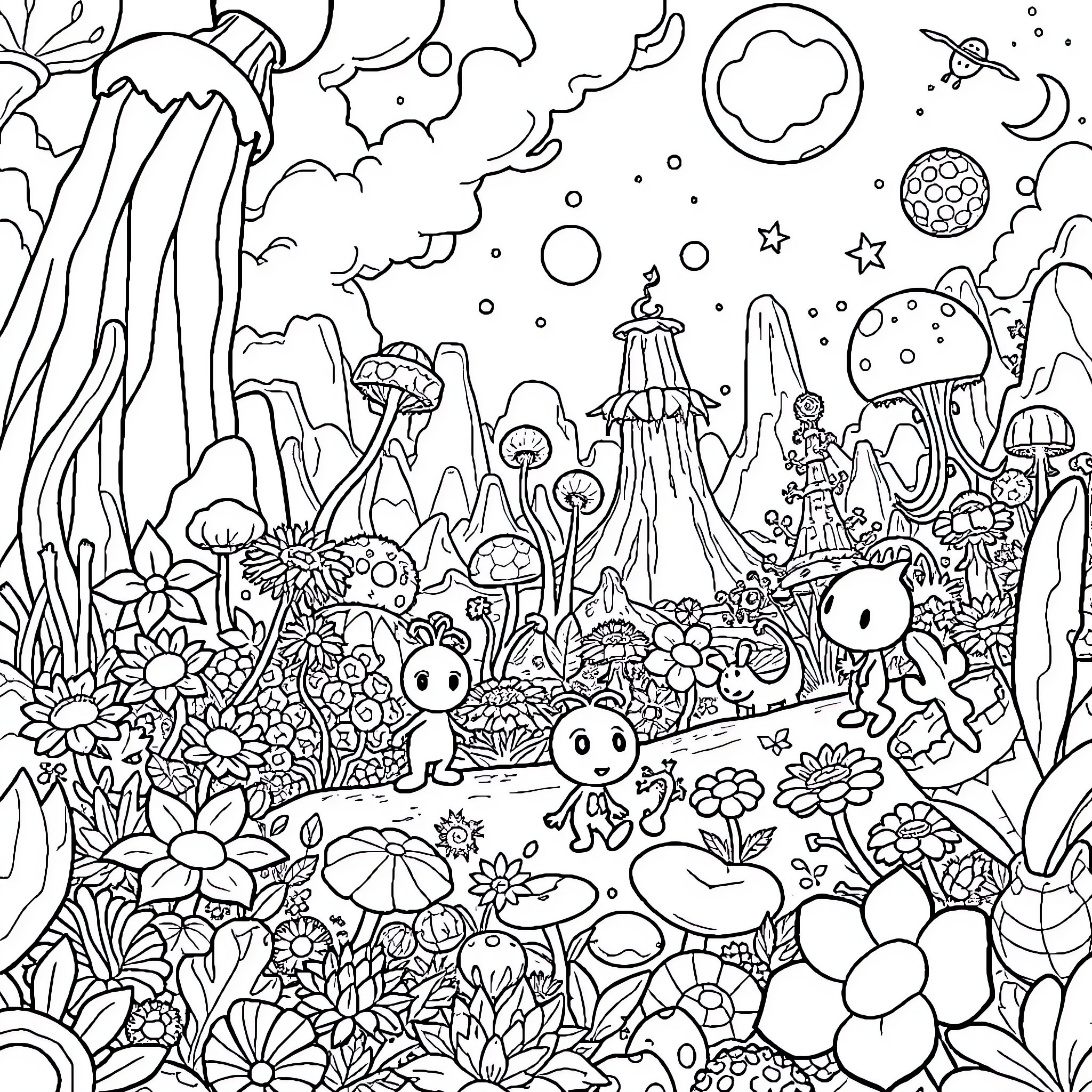 Pikmin exploring a whimsical fantasy forest landscape Coloring Page (free black-and-white line drawing printable PDF for all, from beginners to advanced learners, including children, teens, adults, and seniors)