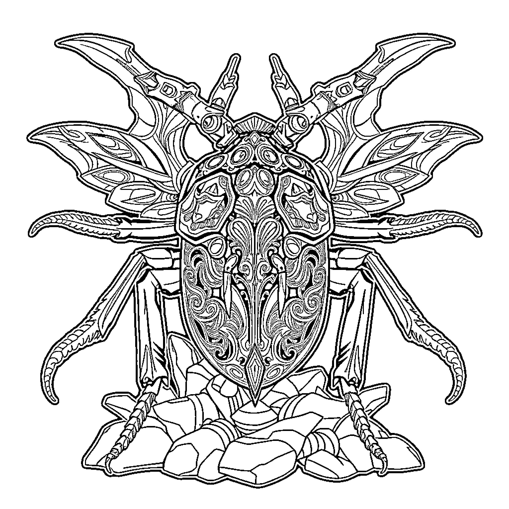 Beetle's Ornate Mechanical Design Coloring Page (free black-and-white line drawing printable PDF for all, from beginners to advanced learners, including children, teens, adults, and seniors)