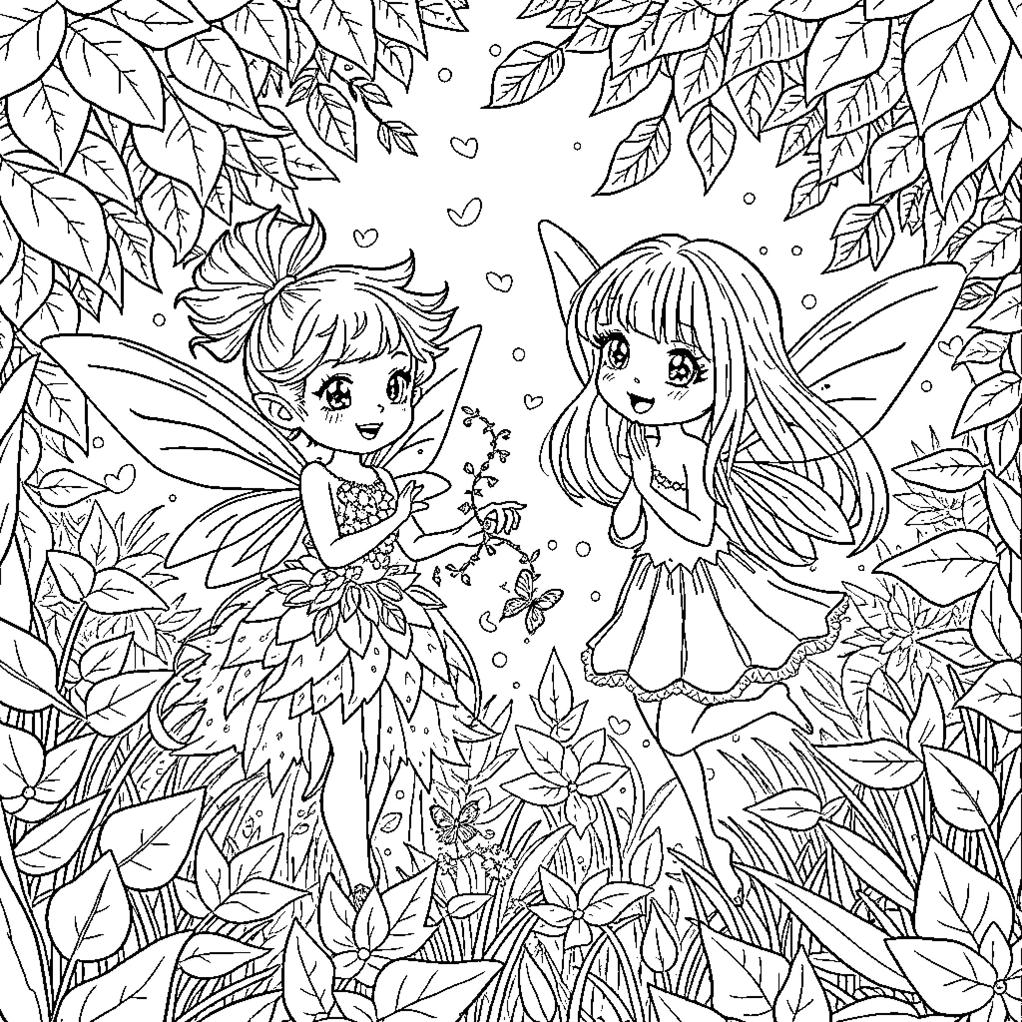 Fairy Friends Enjoying a Whimsical Woodland Scene Coloring Page (free black-and-white line drawing printable PDF for all, from beginners to advanced learners, including children, teens, adults, and seniors)