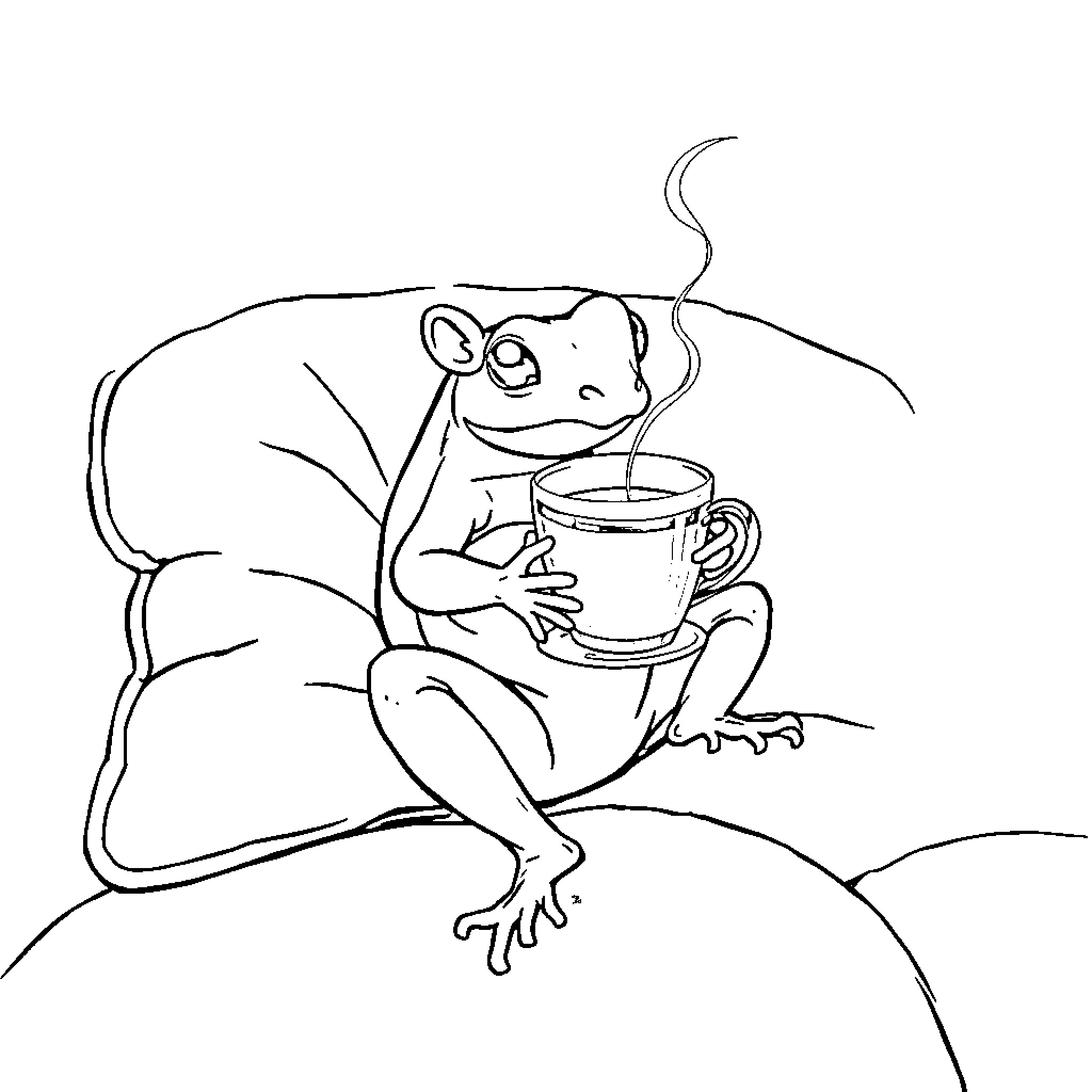 Frog enjoying a warm beverage Coloring Page (free black-and-white line drawing printable PDF for all, from beginners to advanced learners, including children, teens, adults, and seniors)