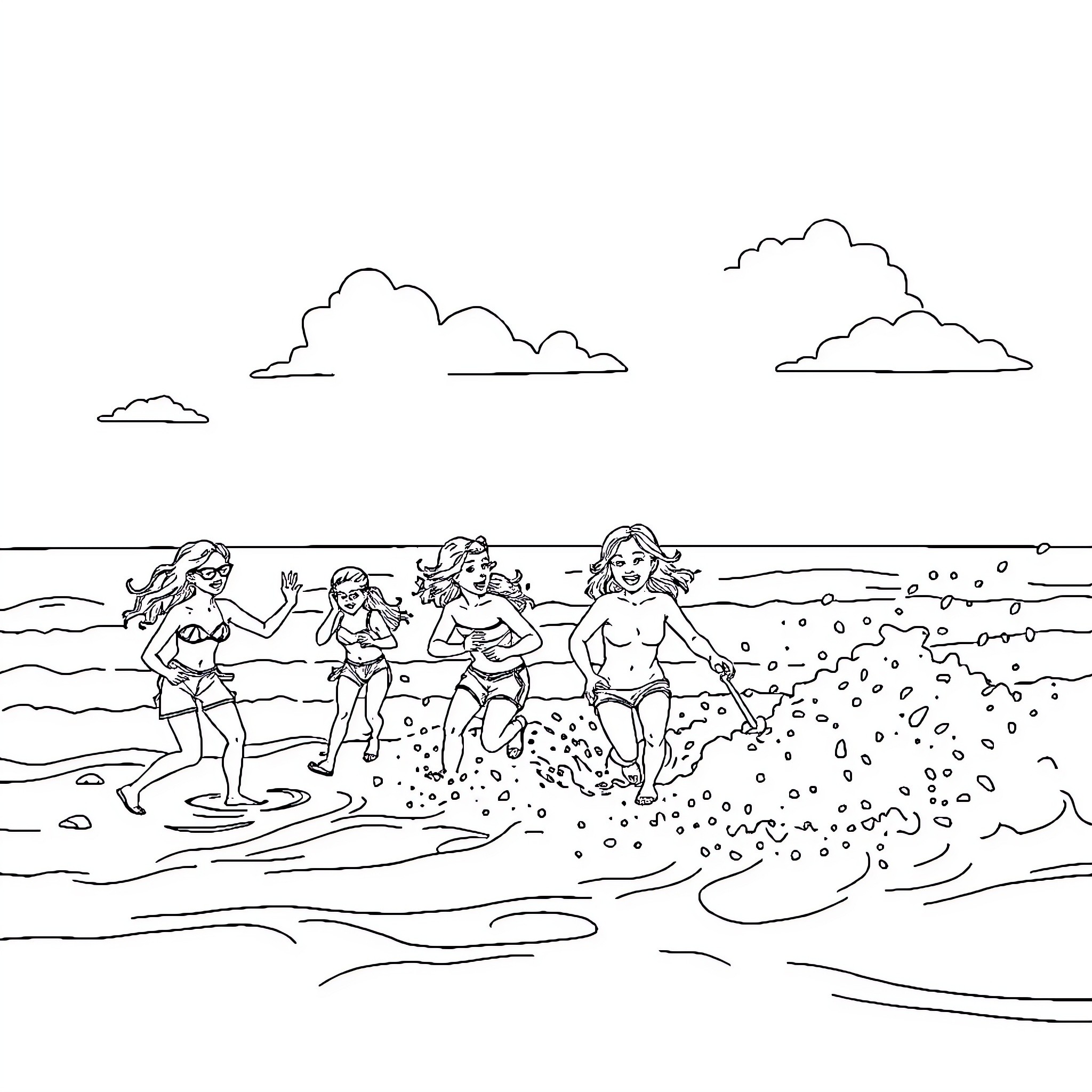 Summer fun at the beach Coloring Page (free black-and-white line drawing printable PDF for all, from beginners to advanced learners, including children, teens, adults, and seniors)