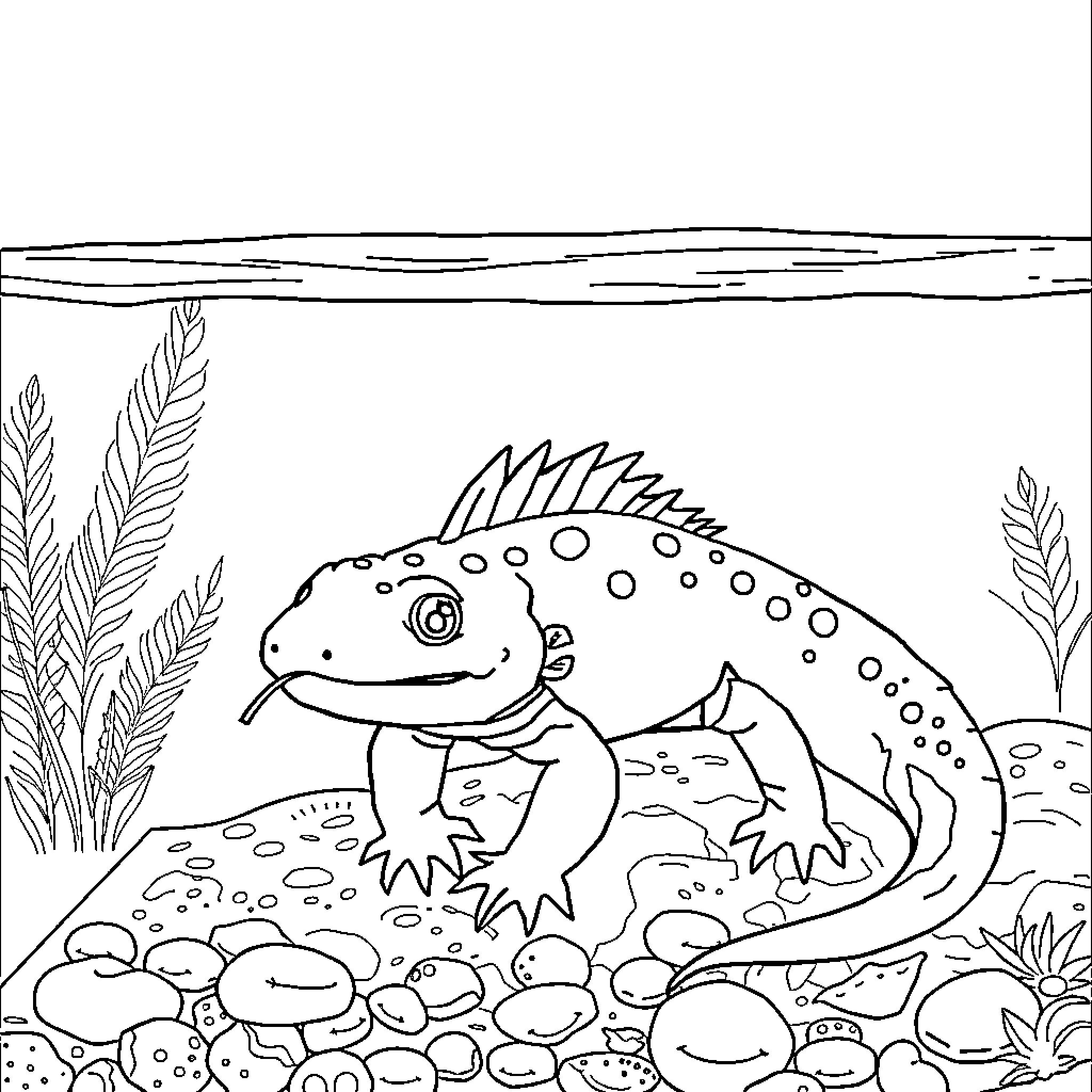 Axolotl exploring underwater habitat Coloring Page (free black-and-white line drawing printable PDF for all, from beginners to advanced learners, including children, teens, adults, and seniors)