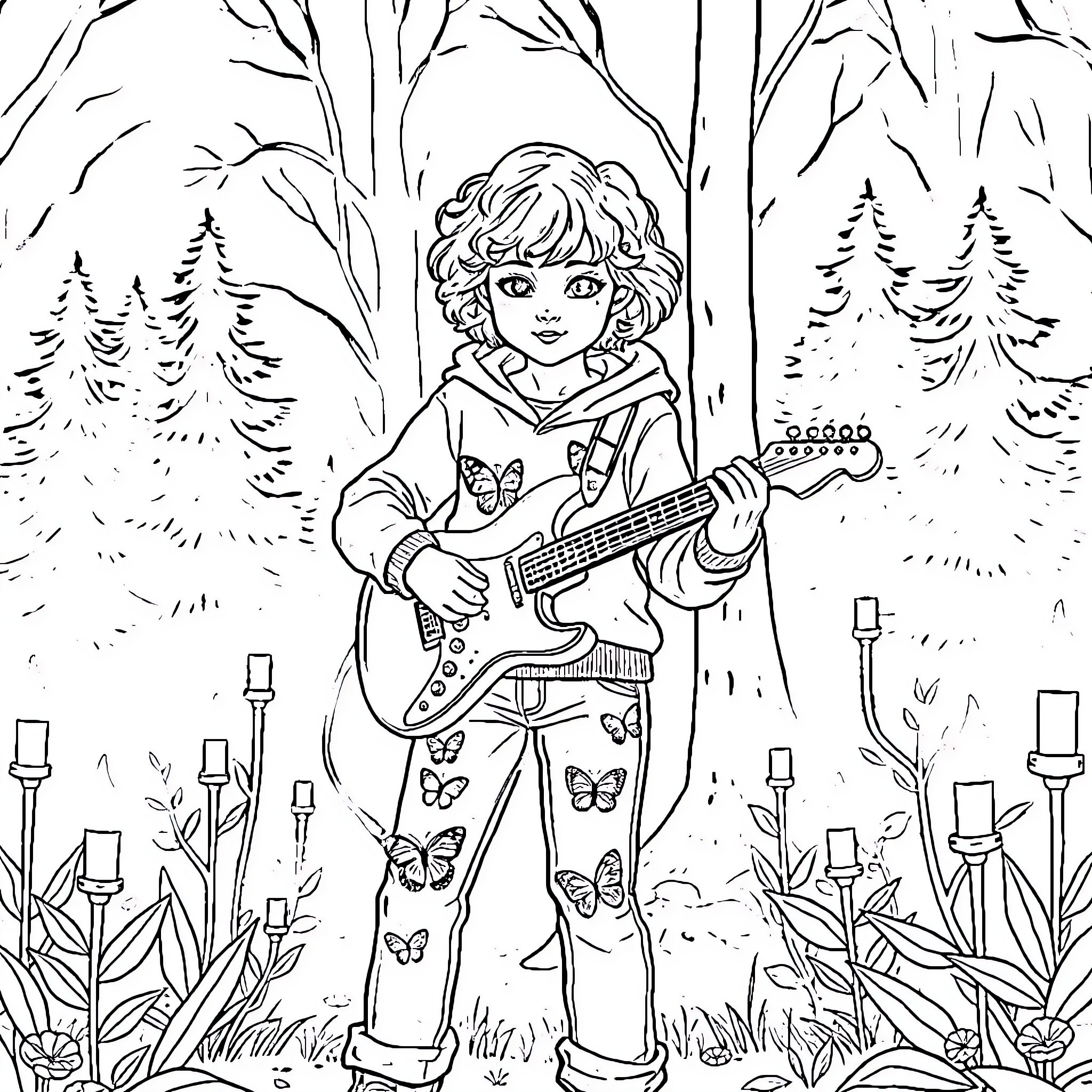 Girl playing guitar in the forest Coloring Page (free black-and-white line drawing printable PDF for all, from beginners to advanced learners, including children, teens, adults, and seniors)