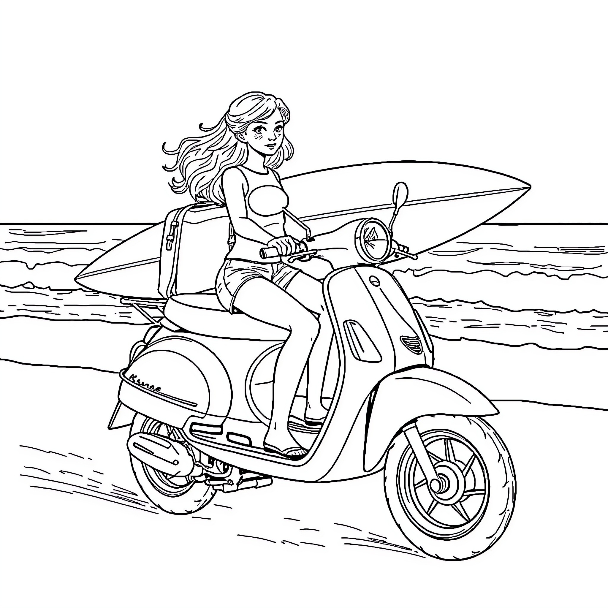 Girl riding scooter with surfboard on the beach Coloring Page (free black-and-white line drawing printable PDF for all, from beginners to advanced learners, including children, teens, adults, and seniors)
