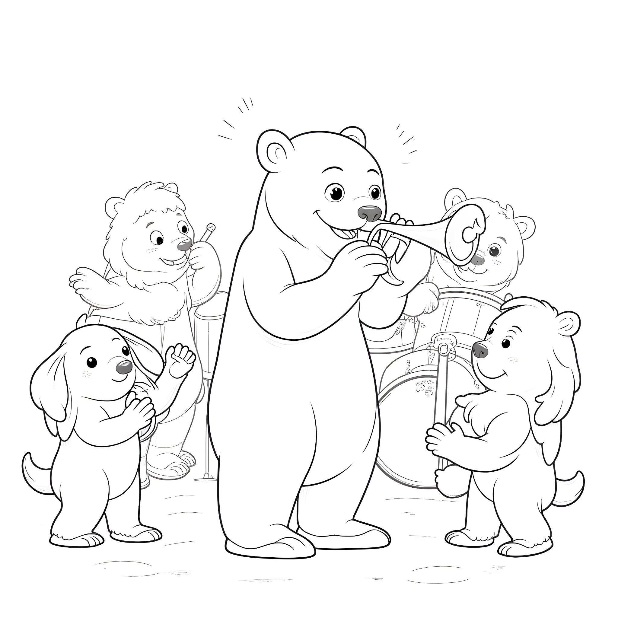 Polar Bear Playing with Adorable Puppies Coloring Page (free black-and-white line drawing printable PDF for all, from beginners to advanced learners, including children, teens, adults, and seniors)