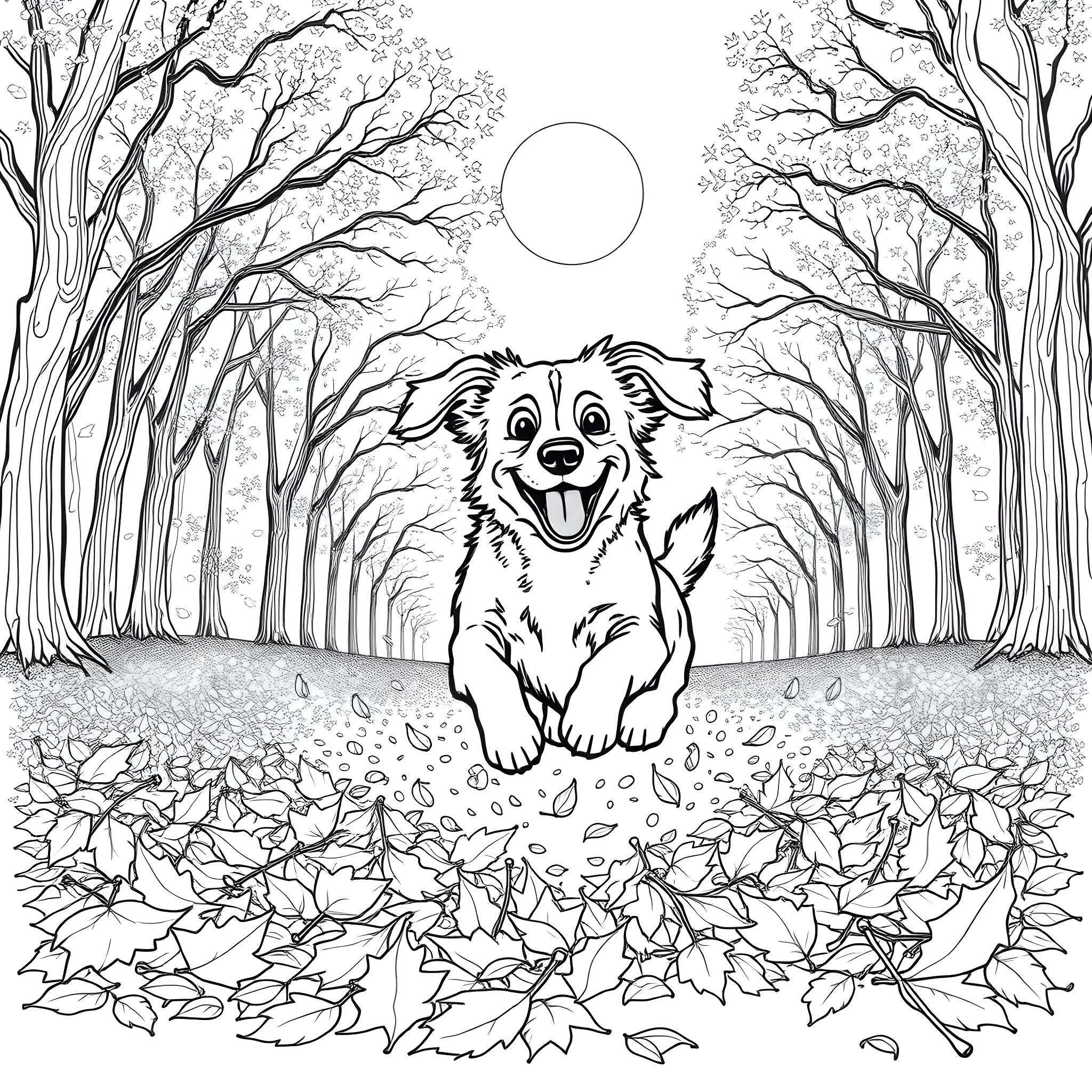 Dog happily running through autumn leaves Coloring Page (free black-and-white line drawing printable PDF for all, from beginners to advanced learners, including children, teens, adults, and seniors)