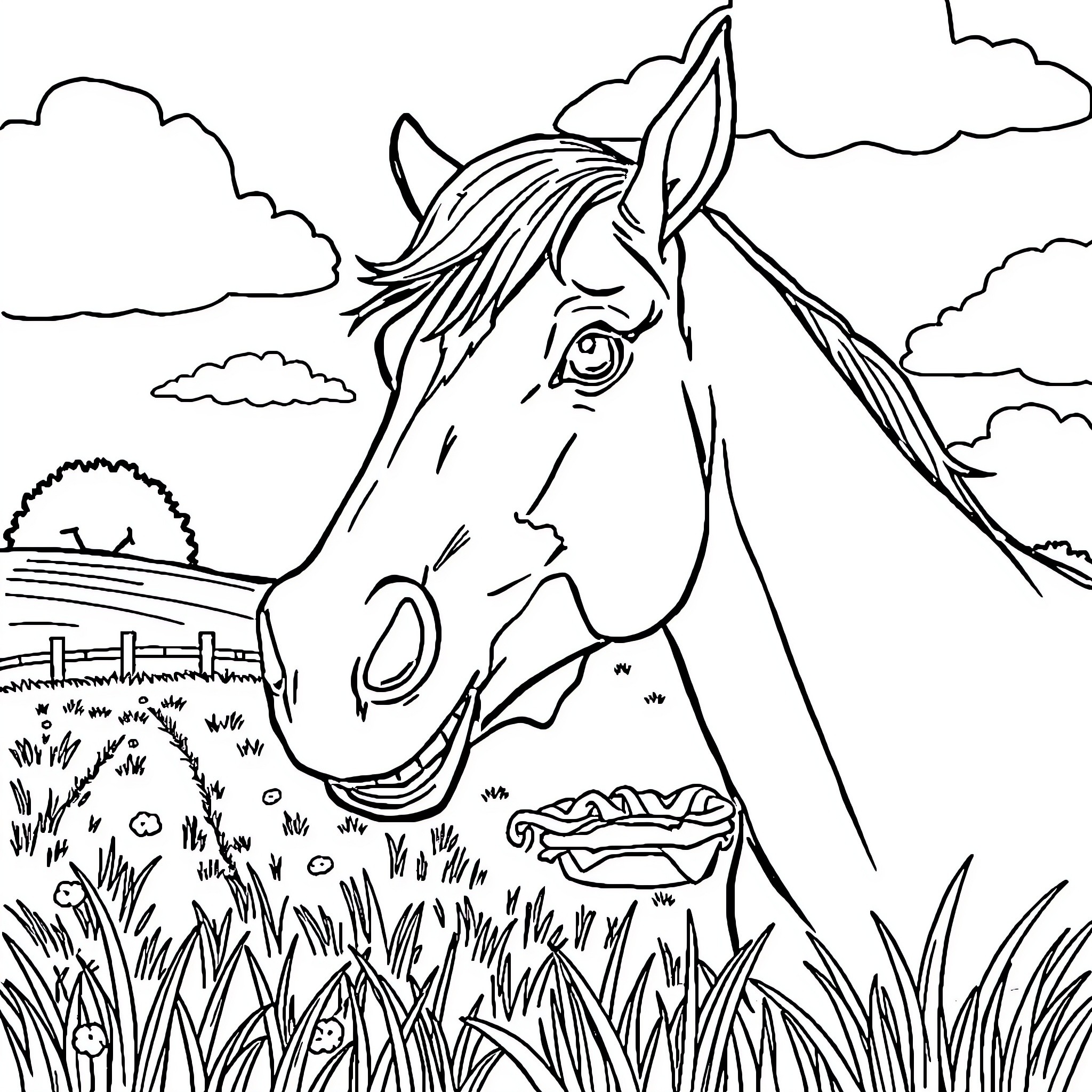 Horse in a pastoral landscape Coloring Page (free black-and-white line drawing printable PDF for all, from beginners to advanced learners, including children, teens, adults, and seniors)