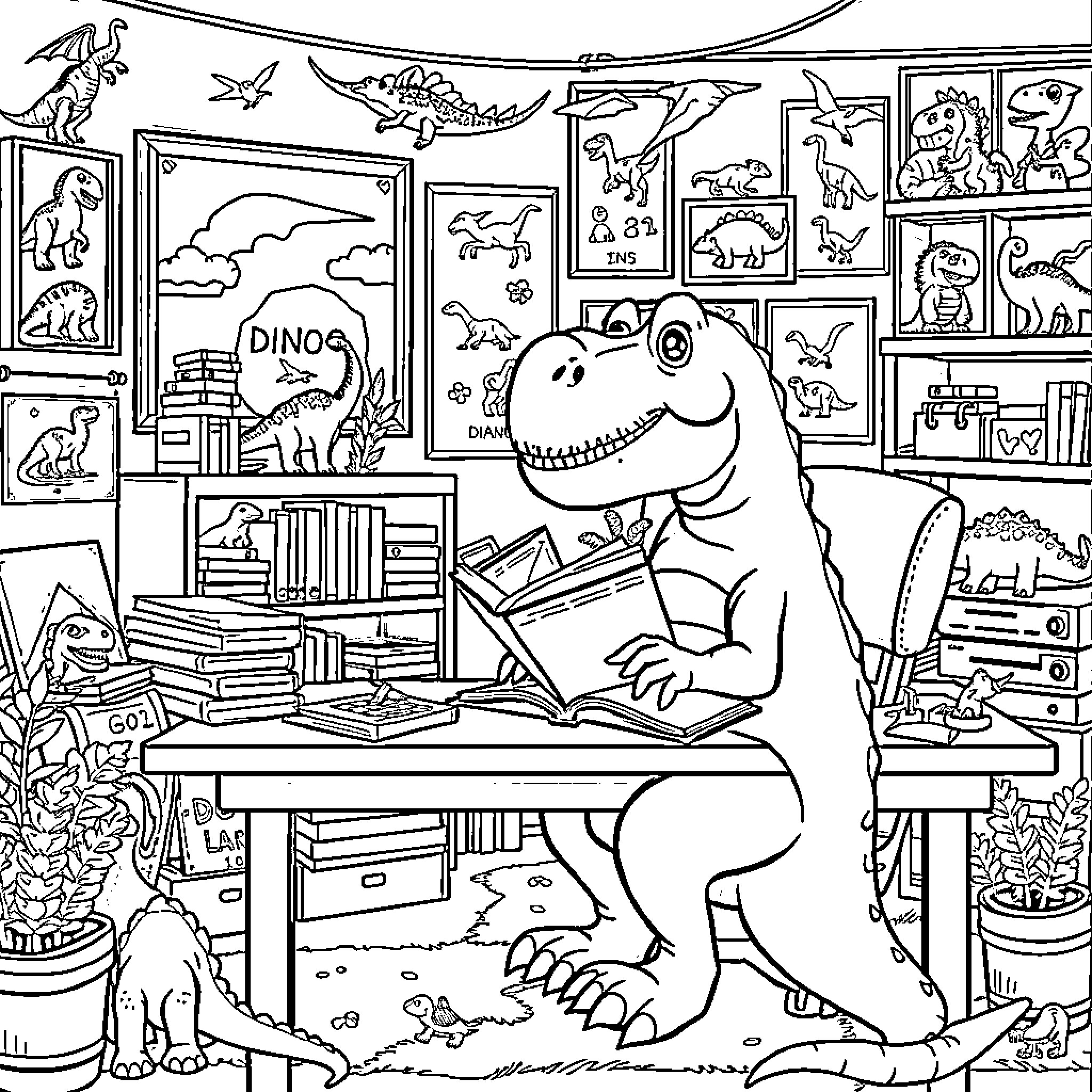 Dinosaur enthusiast exploring a collection of dinosaur memorabilia Coloring Page (free black-and-white line drawing printable PDF for all, from beginners to advanced learners, including children, teens, adults, and seniors)