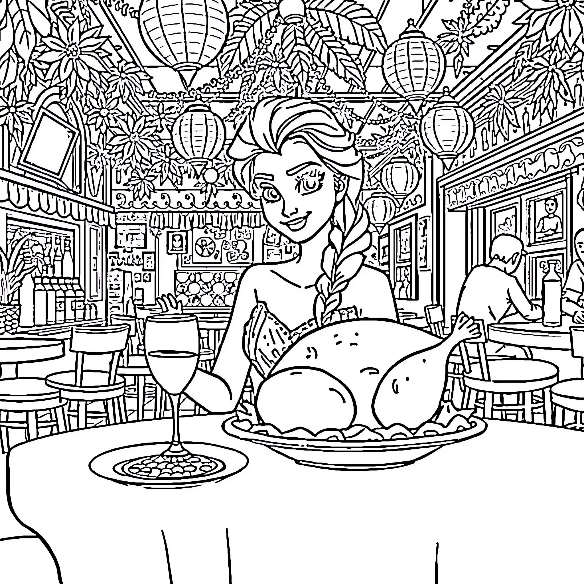 Princess Elsa's Festive Feast in Enchanted Surroundings Coloring Page (free black-and-white line drawing printable PDF for all, from beginners to advanced learners, including children, teens, adults, and seniors)