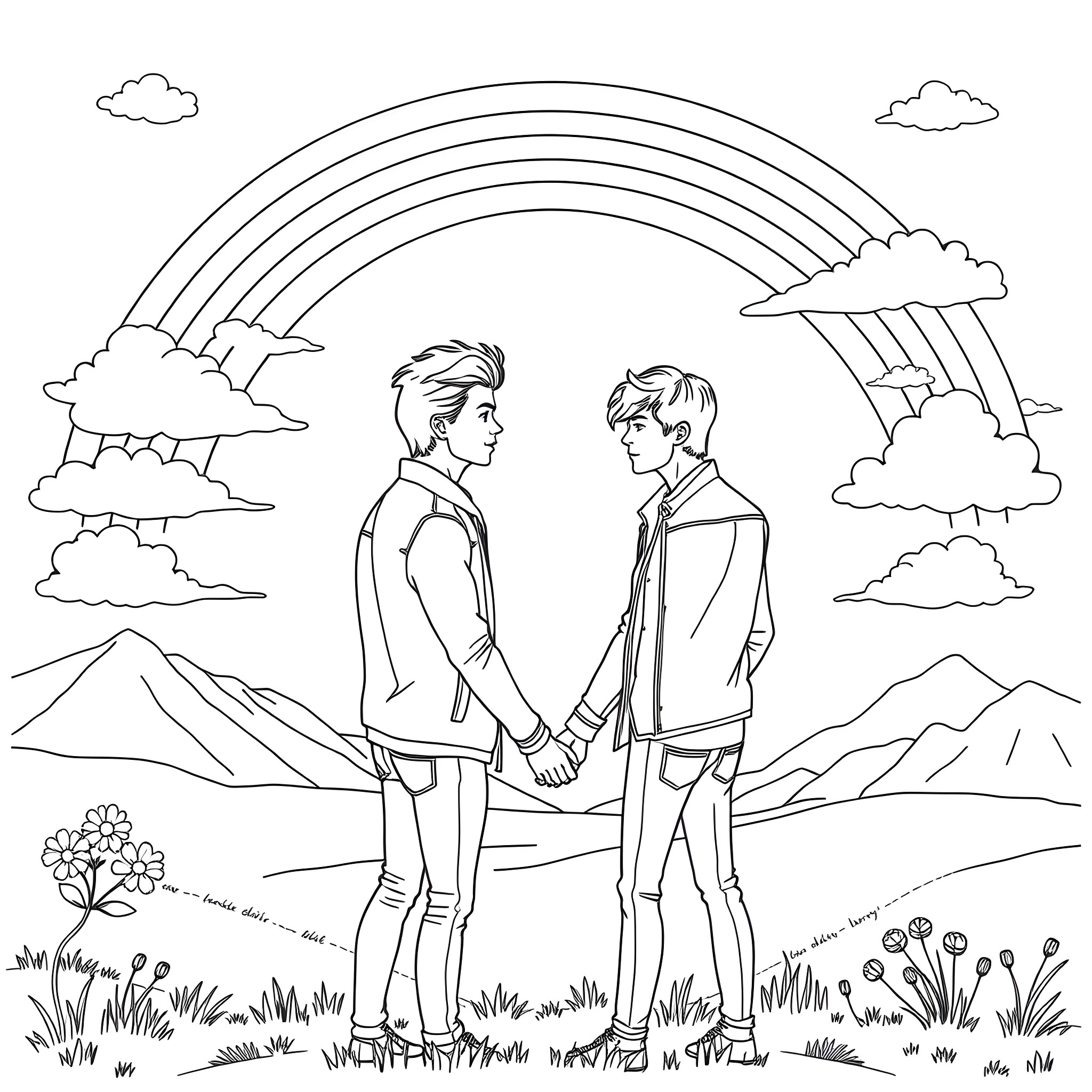 Harry Styles sharing a moment with another person in a scenic outdoor setting Coloring Page (free black-and-white line drawing printable PDF for all, from beginners to advanced learners, including children, teens, adults, and seniors)