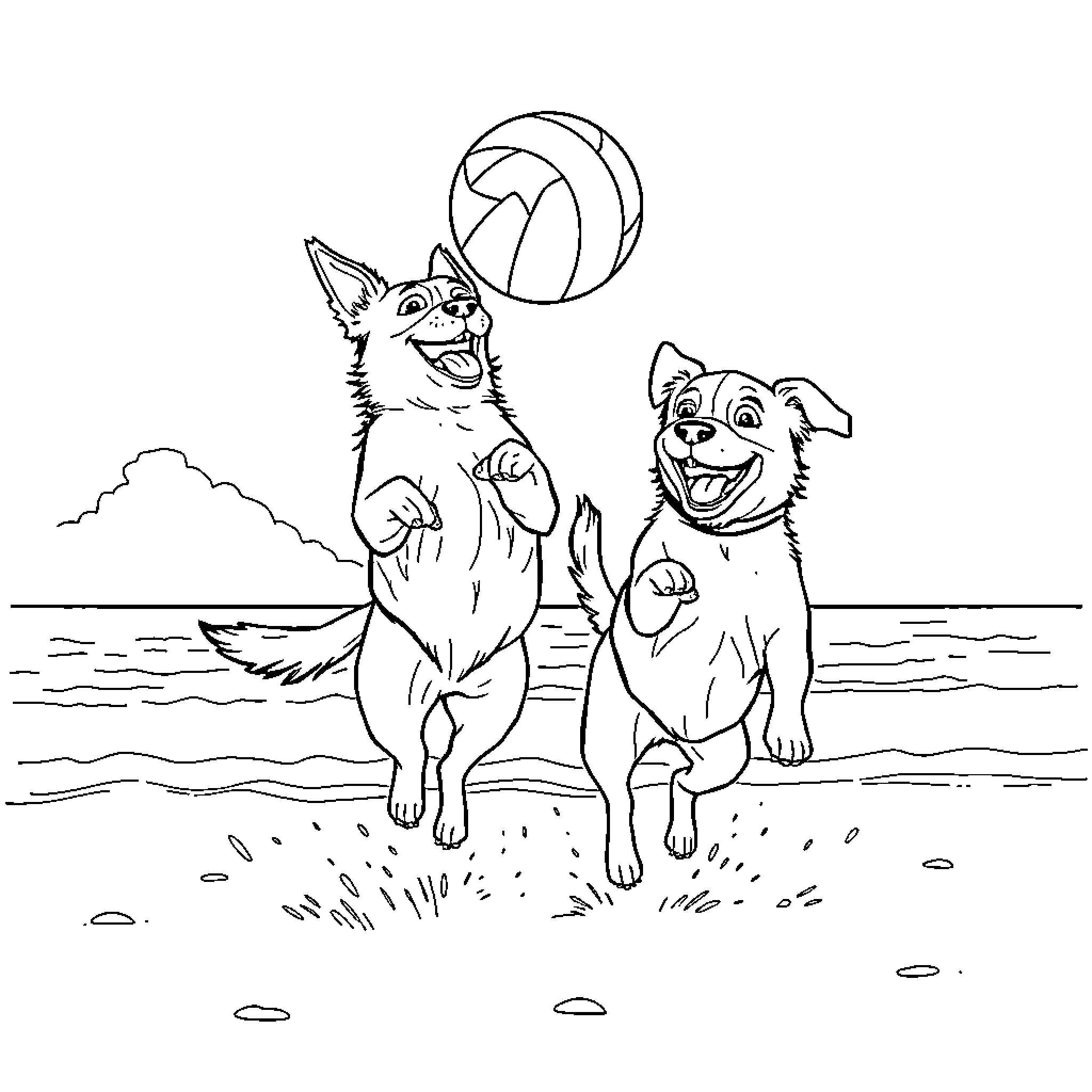 Dogs playing with ball on the beach Coloring Page (free black-and-white line drawing printable PDF for all, from beginners to advanced learners, including children, teens, adults, and seniors)