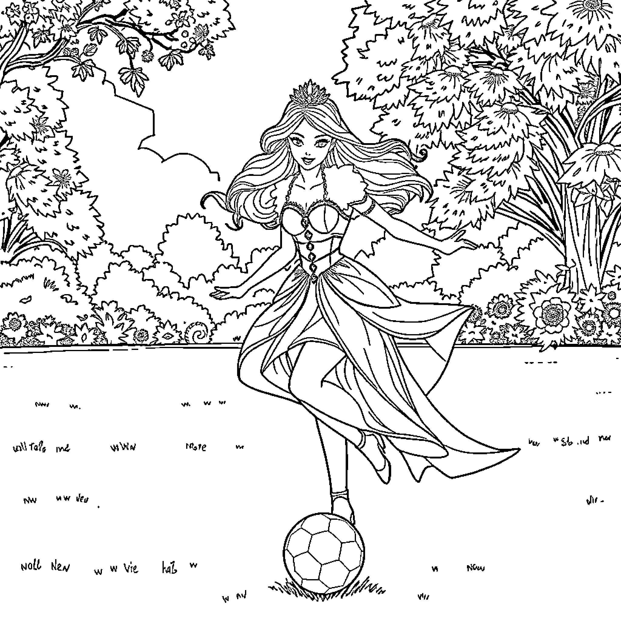 Princess playing with a soccer ball in a garden Coloring Page (free black-and-white line drawing printable PDF for all, from beginners to advanced learners, including children, teens, adults, and seniors)