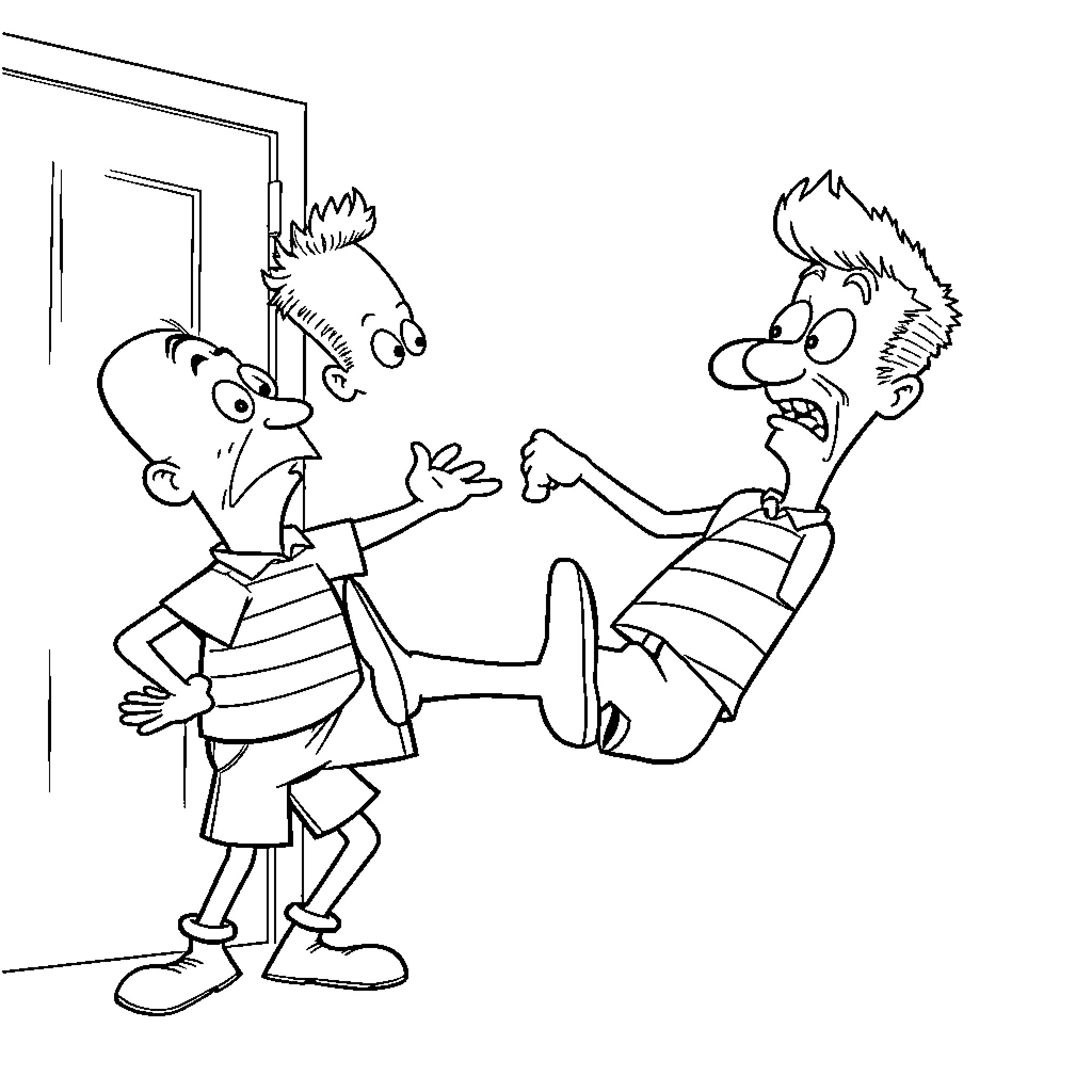 Beavis and Butthead in Comical Confrontation Coloring Page (free black-and-white line drawing printable PDF for all, from beginners to advanced learners, including children, teens, adults, and seniors)