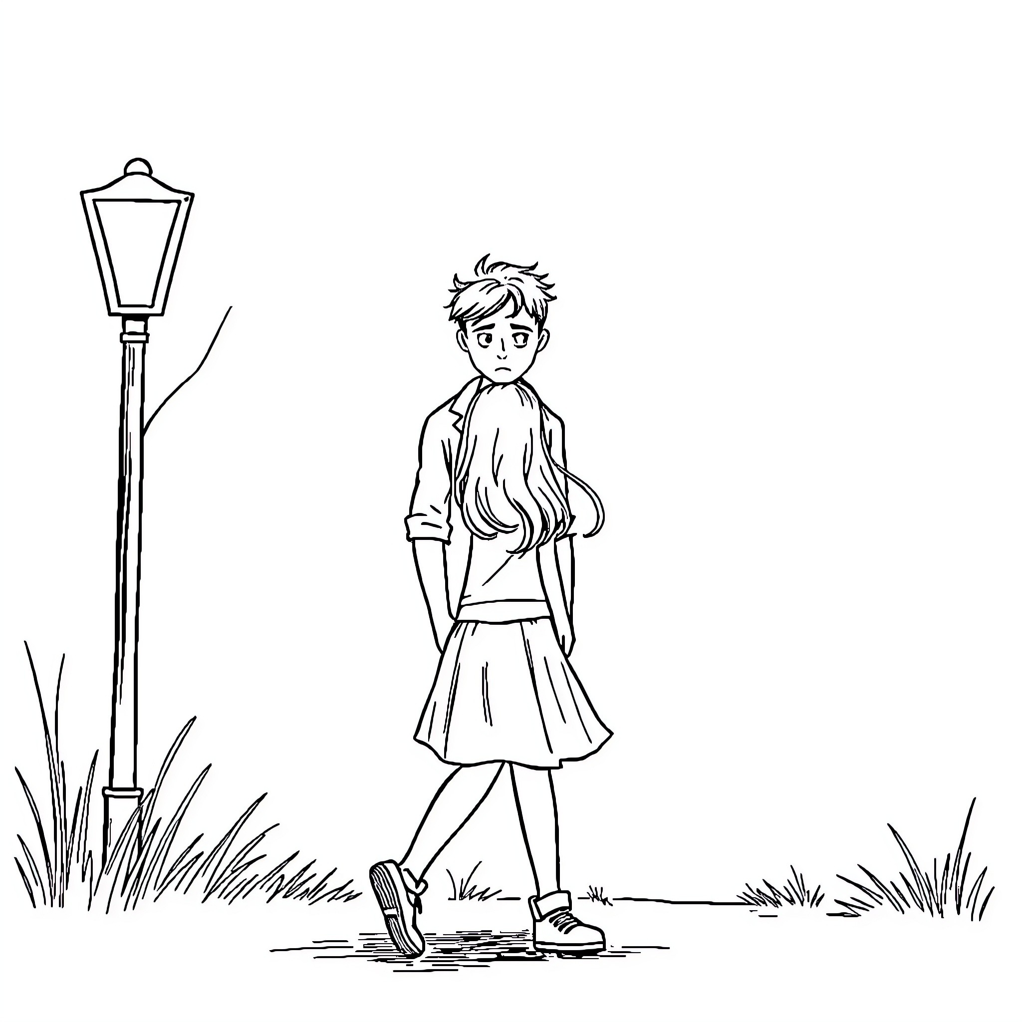 Couple enjoying a casual stroll in the park Coloring Page (free black-and-white line drawing printable PDF for all, from beginners to advanced learners, including children, teens, adults, and seniors)