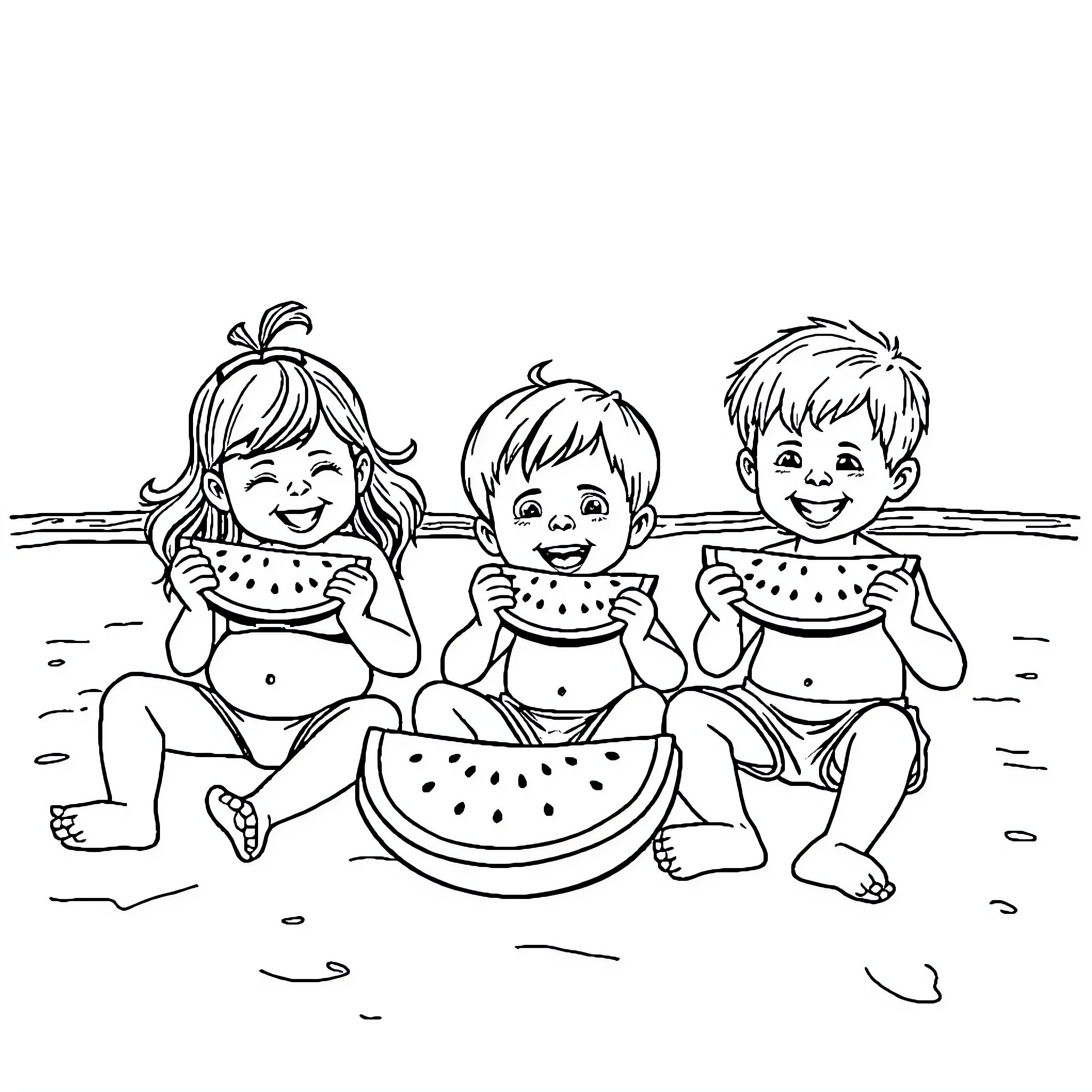 Cousin Siblings Enjoy Watermelon Snack on the Beach Coloring Page (free black-and-white line drawing printable PDF for all, from beginners to advanced learners, including children, teens, adults, and seniors)