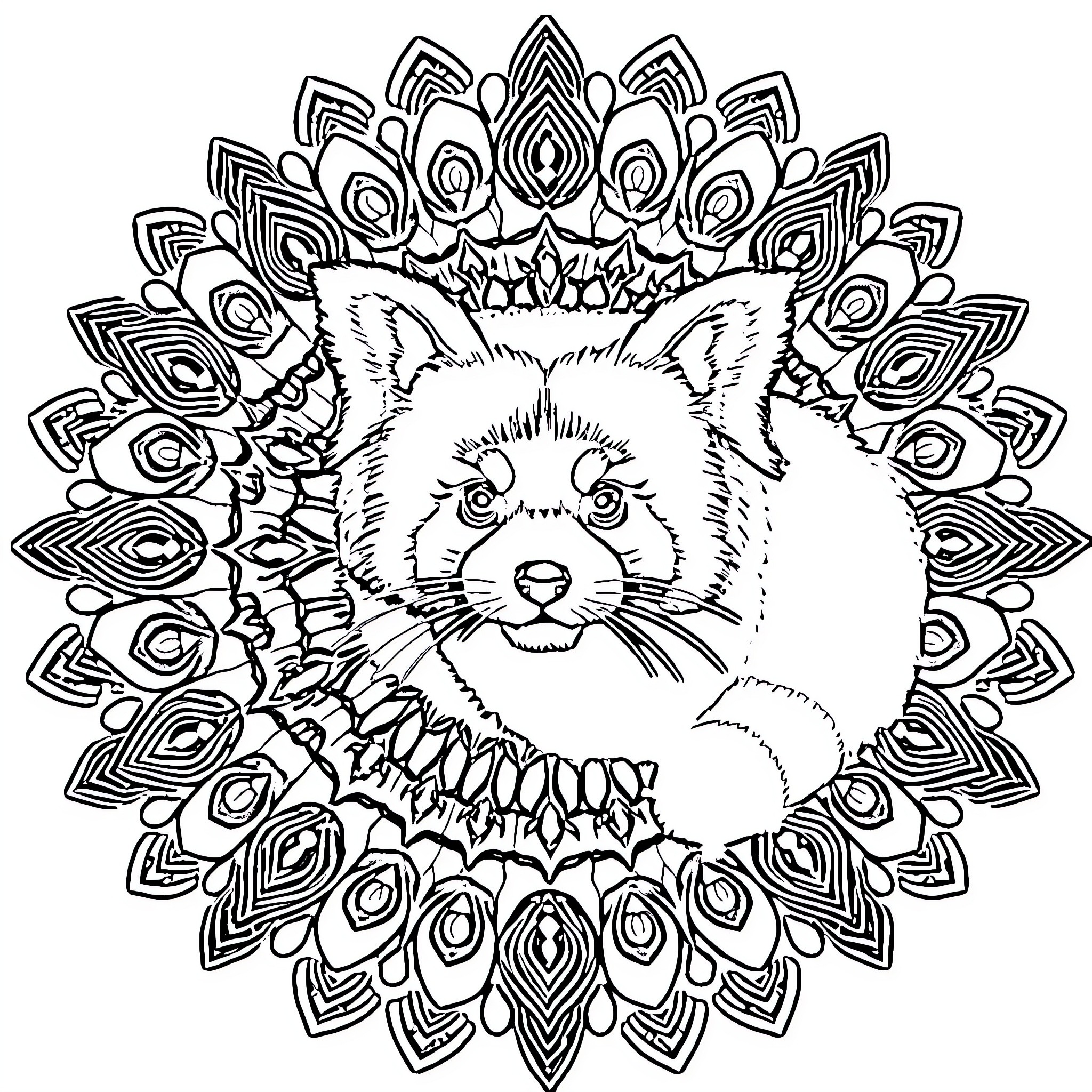 Panda surrounded by ornate mandala pattern Coloring Page (free black-and-white line drawing printable PDF for all, from beginners to advanced learners, including children, teens, adults, and seniors)