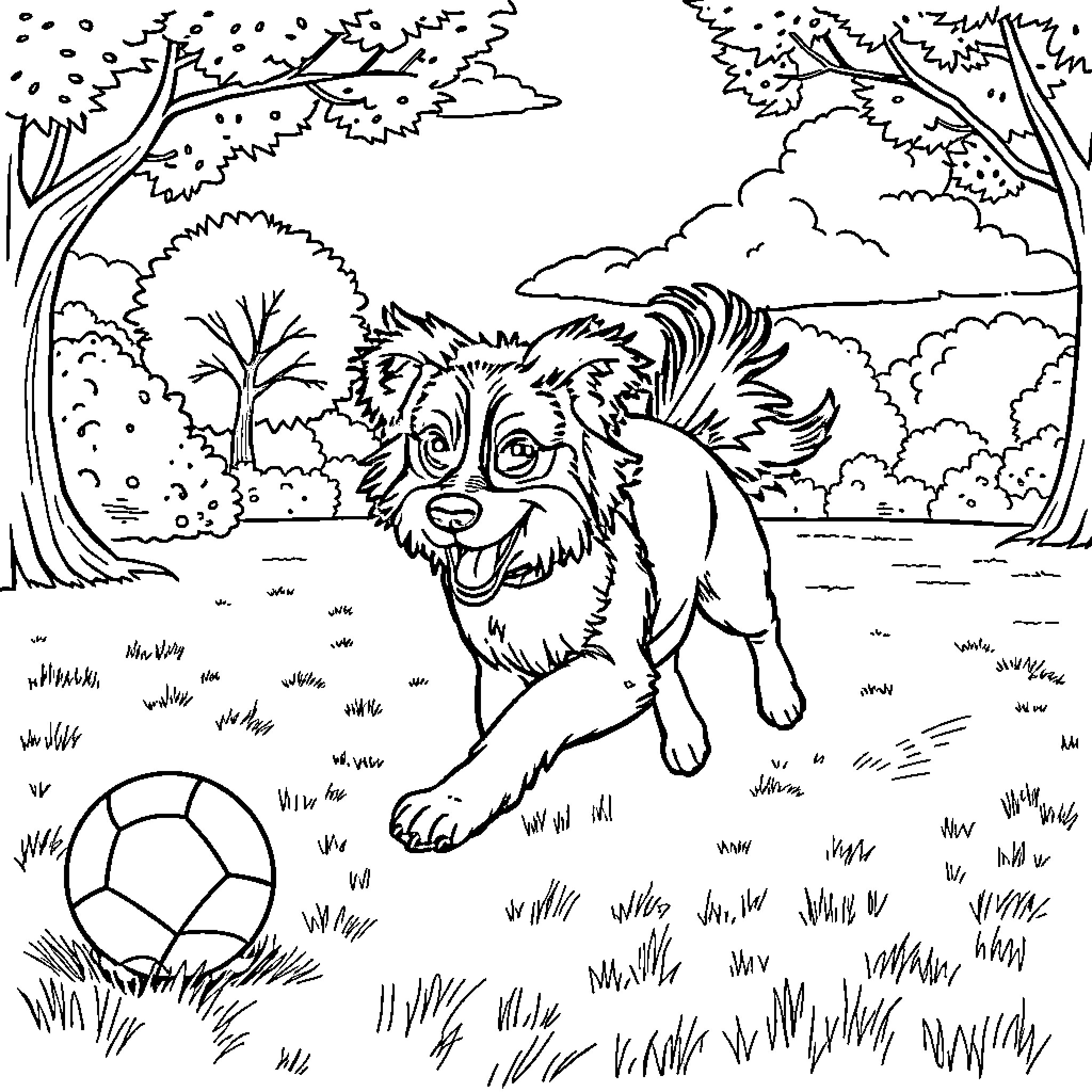 Dog playing with ball in the forest Coloring Page (free black-and-white line drawing printable PDF for all, from beginners to advanced learners, including children, teens, adults, and seniors)