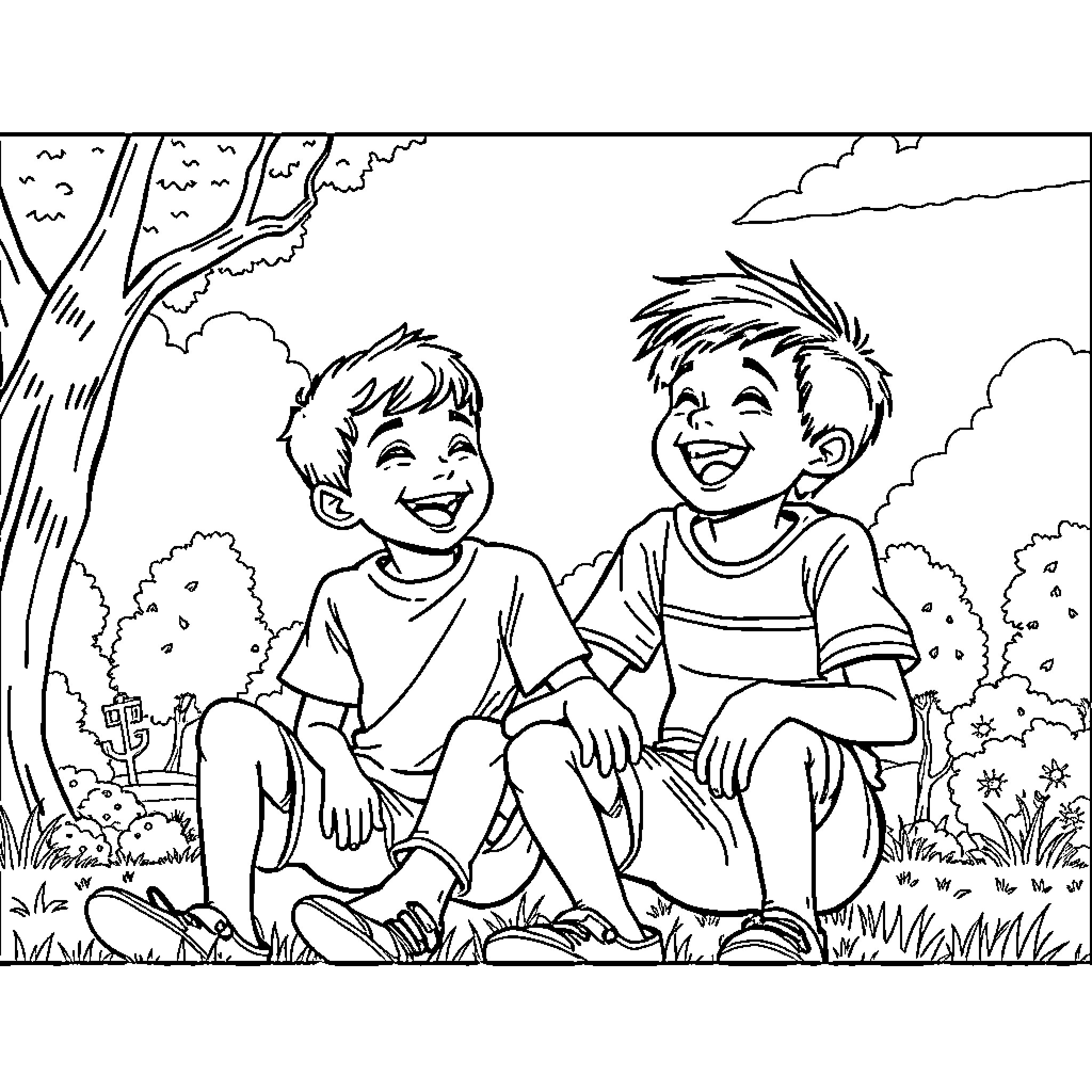 Saja Boys Enjoying Outdoor Adventure Coloring Page (free black-and-white line drawing printable PDF for all, from beginners to advanced learners, including children, teens, adults, and seniors)