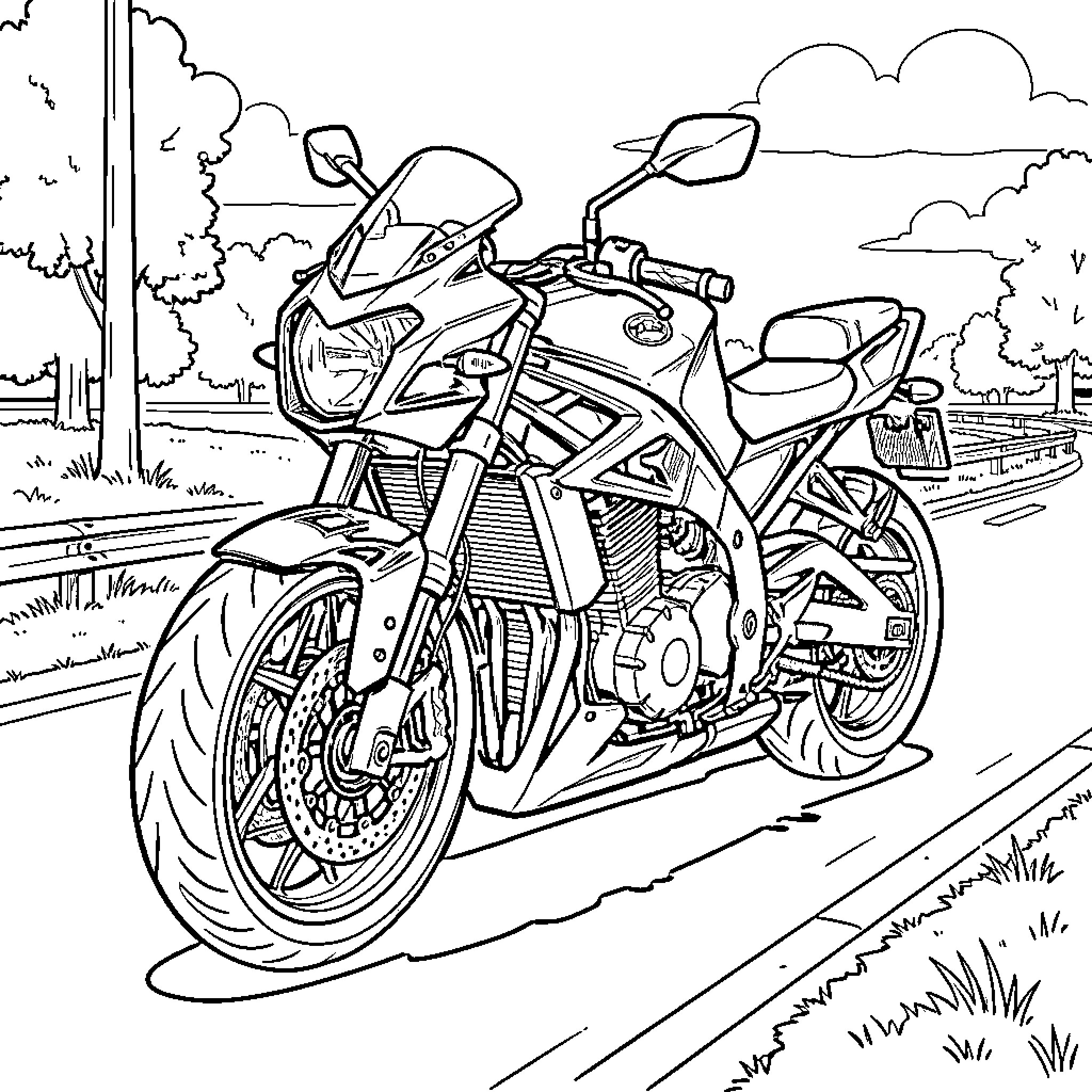 Moto parked on a roadside near trees Coloring Page (free black-and-white line drawing printable PDF for all, from beginners to advanced learners, including children, teens, adults, and seniors)