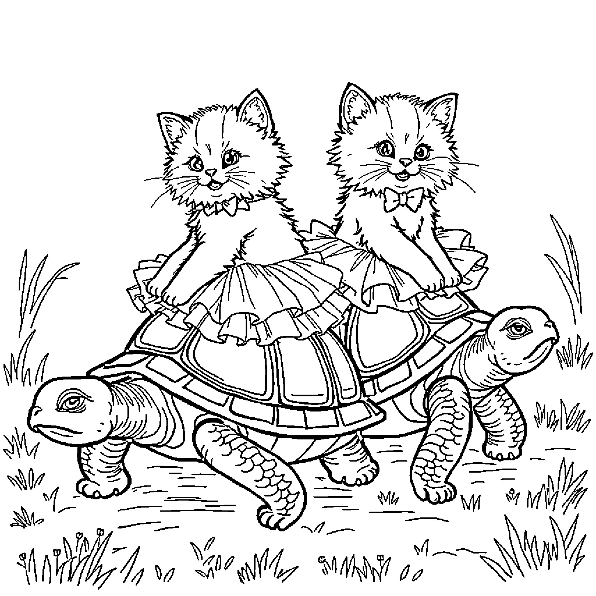 Cat kittens riding on a turtle in the garden Coloring Page (free black-and-white line drawing printable PDF for all, from beginners to advanced learners, including children, teens, adults, and seniors)
