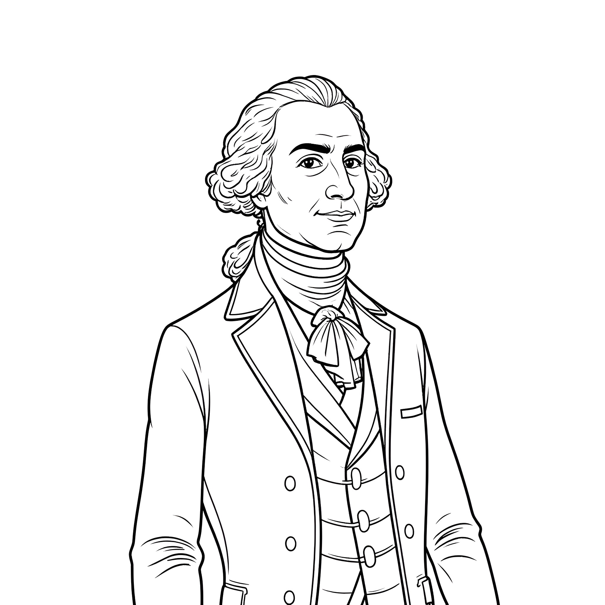 George Washington in formal attire Coloring Page (free black-and-white line drawing printable PDF for all, from beginners to advanced learners, including children, teens, adults, and seniors)