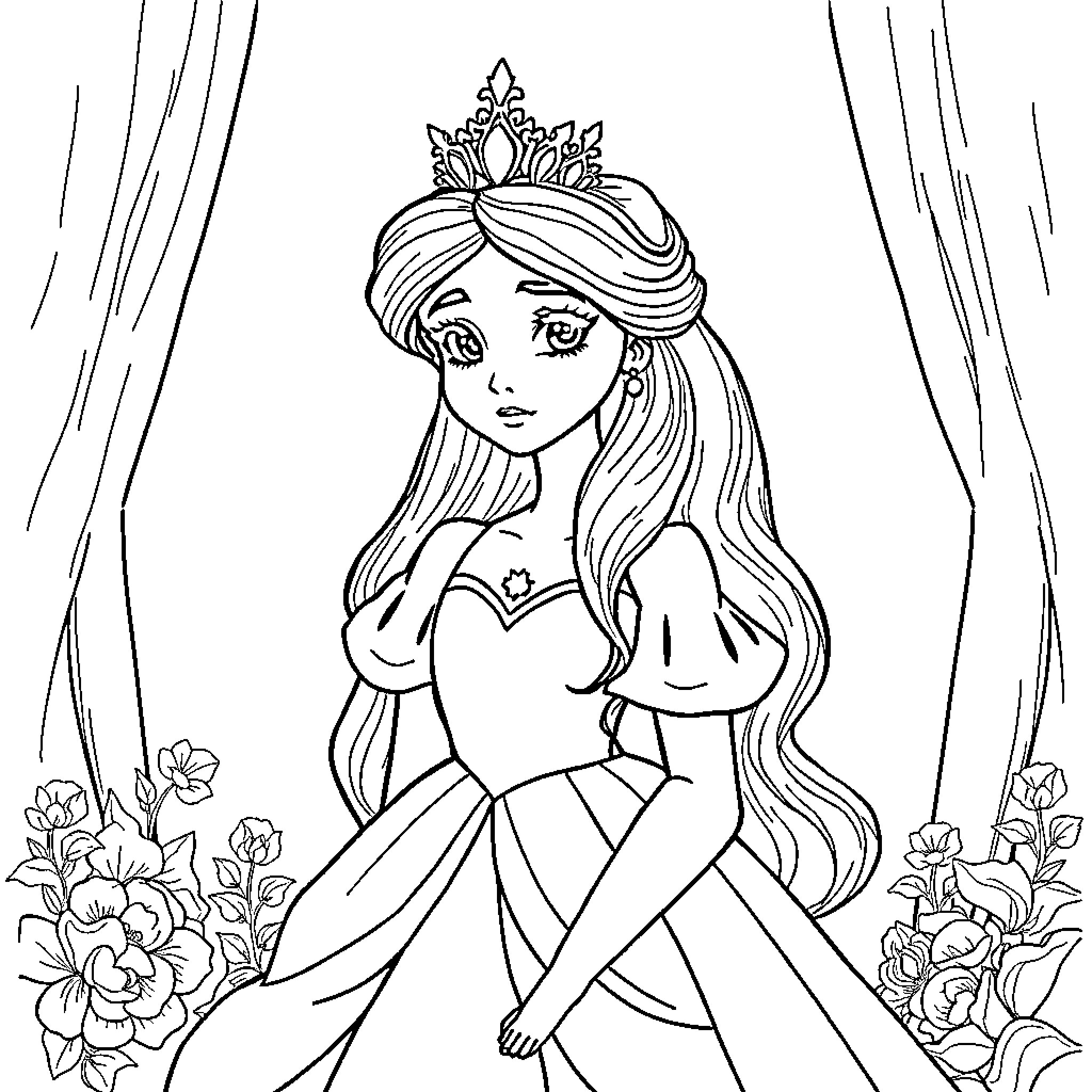 Princess in a Flowery Garden Coloring Page (free black-and-white line drawing printable PDF for all, from beginners to advanced learners, including children, teens, adults, and seniors)