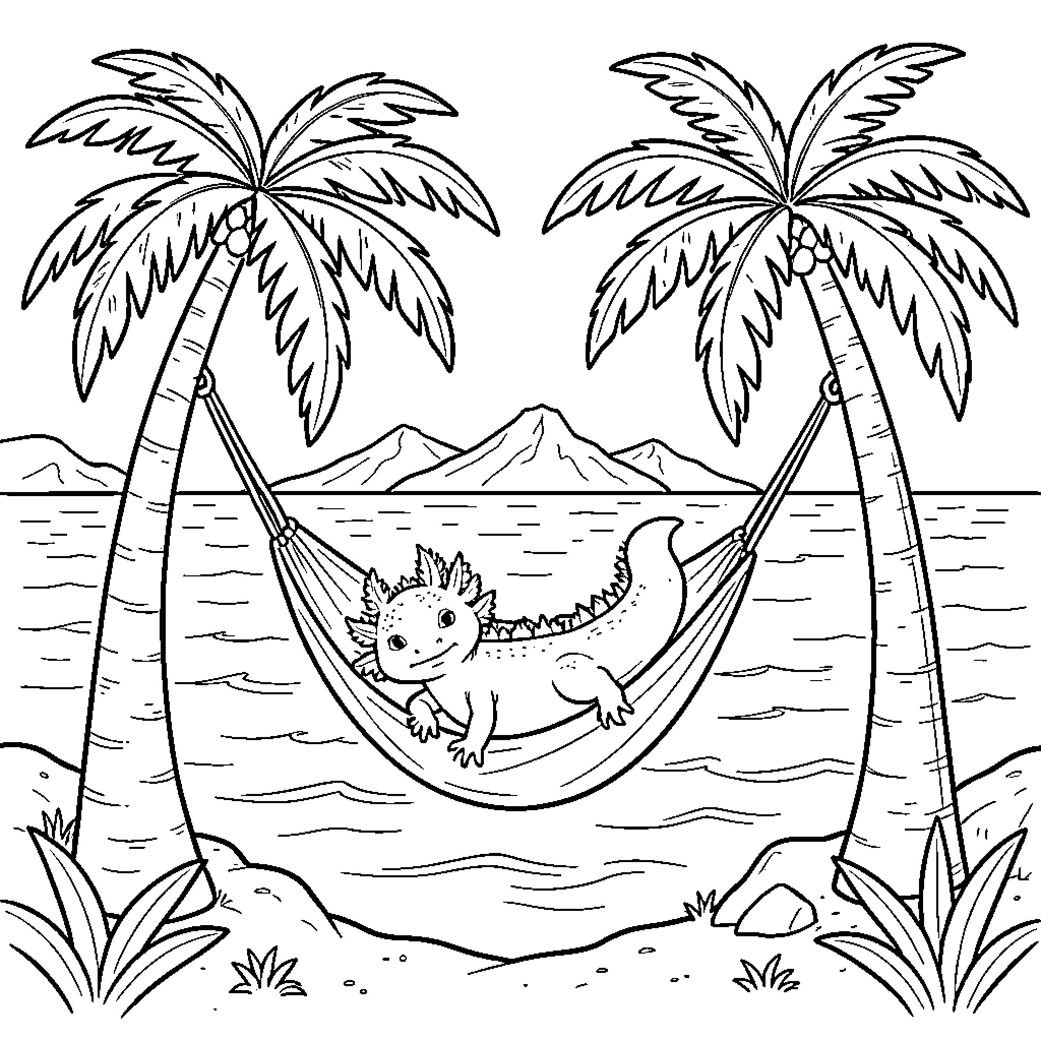 Axolotl relaxing in a tropical hammock Coloring Page (free black-and-white line drawing printable PDF for all, from beginners to advanced learners, including children, teens, adults, and seniors)