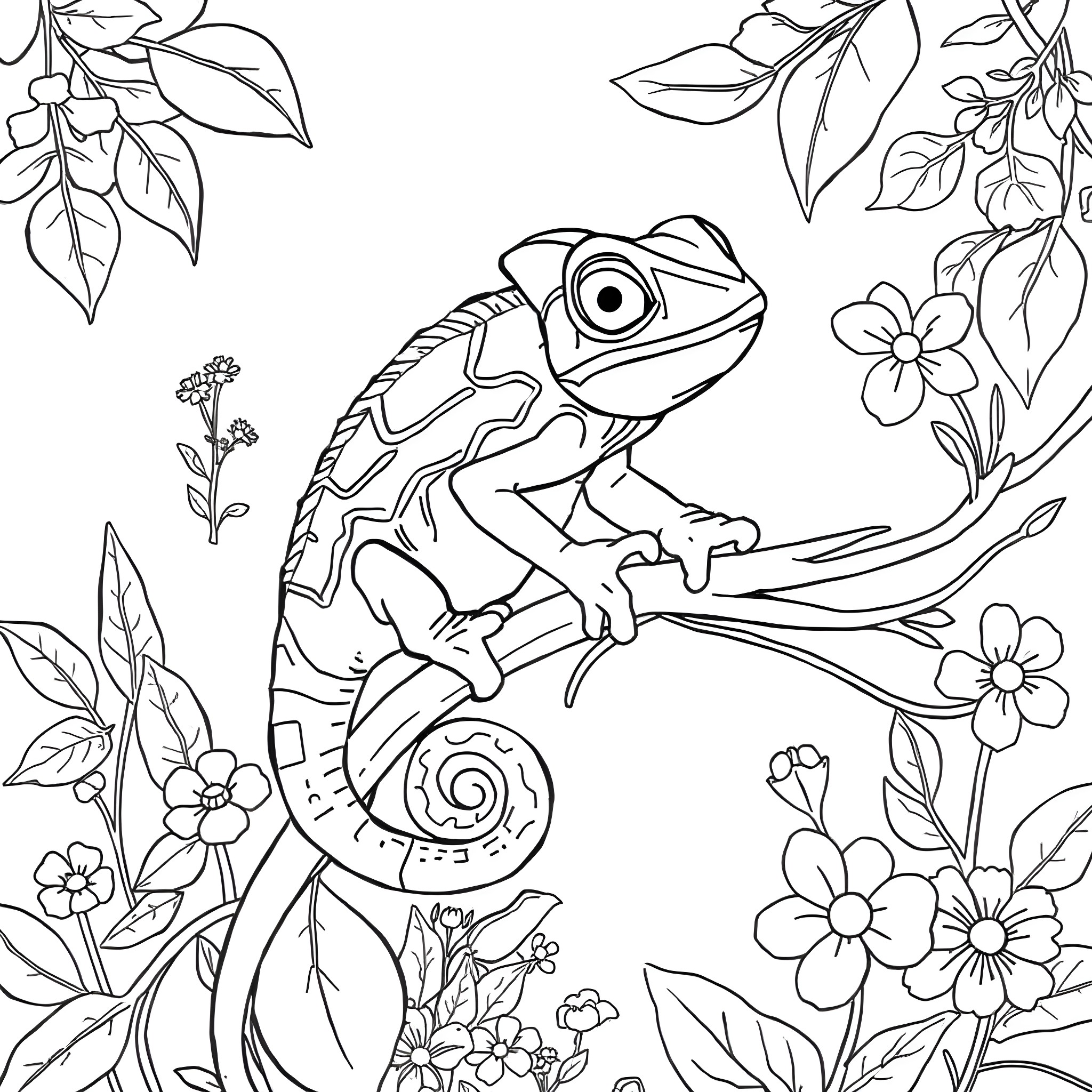 Pascal's Tropical Floral Adventure Coloring Page (free black-and-white line drawing printable PDF for all, from beginners to advanced learners, including children, teens, adults, and seniors)