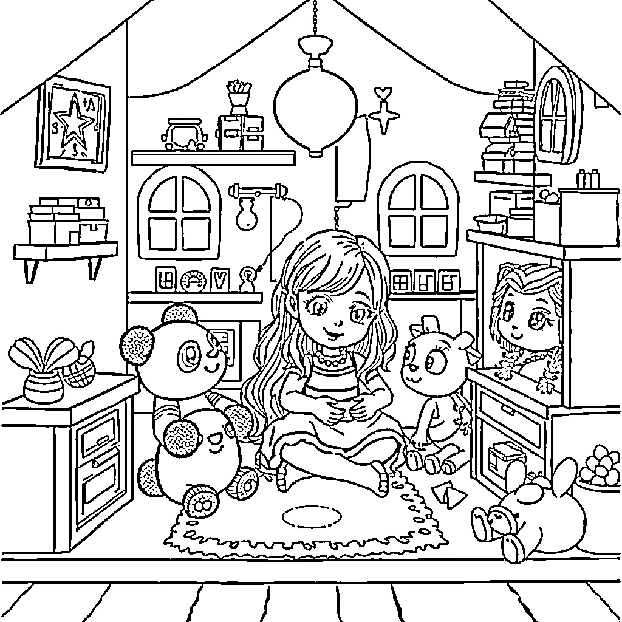 Gaby's Cozy Playroom with Toys and Friends Coloring Page (free black-and-white line drawing printable PDF for all, from beginners to advanced learners, including children, teens, adults, and seniors)