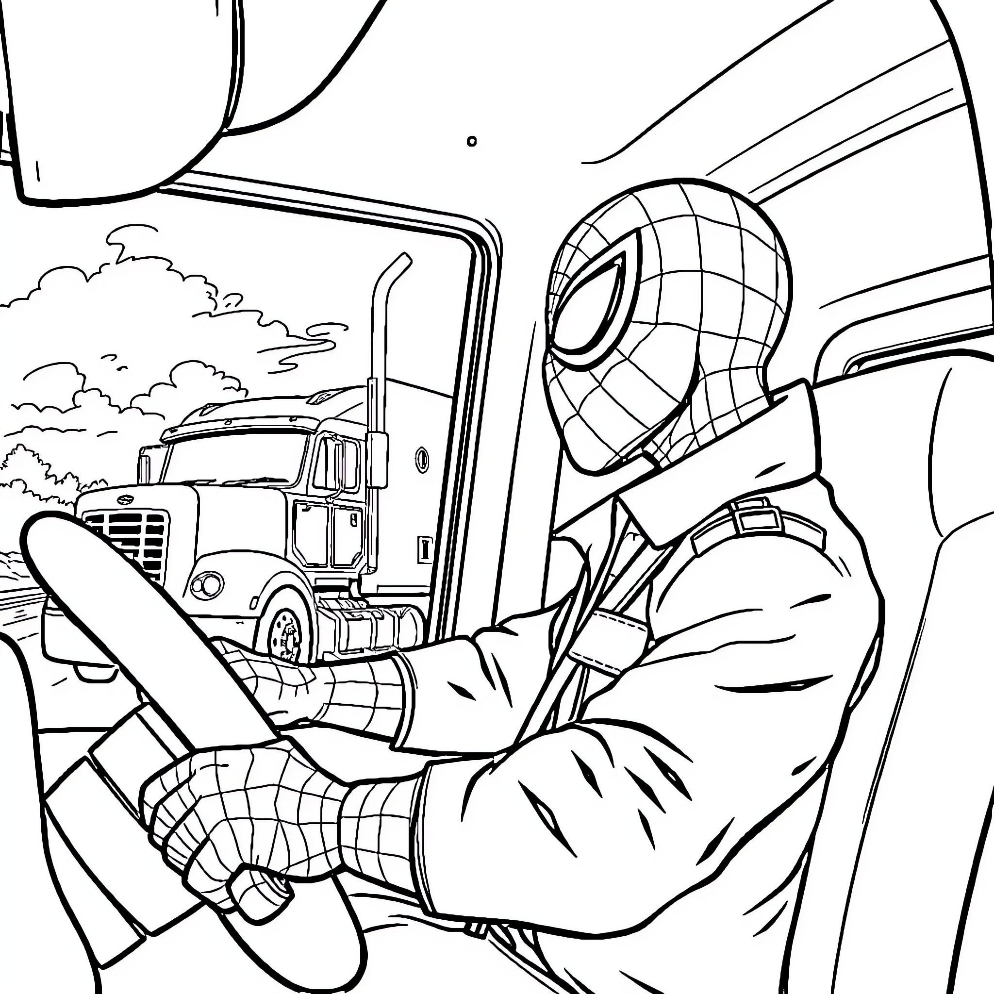 Spiderman Swinging Through the City Coloring Page (free black-and-white line drawing printable PDF for all, from beginners to advanced learners, including children, teens, adults, and seniors)