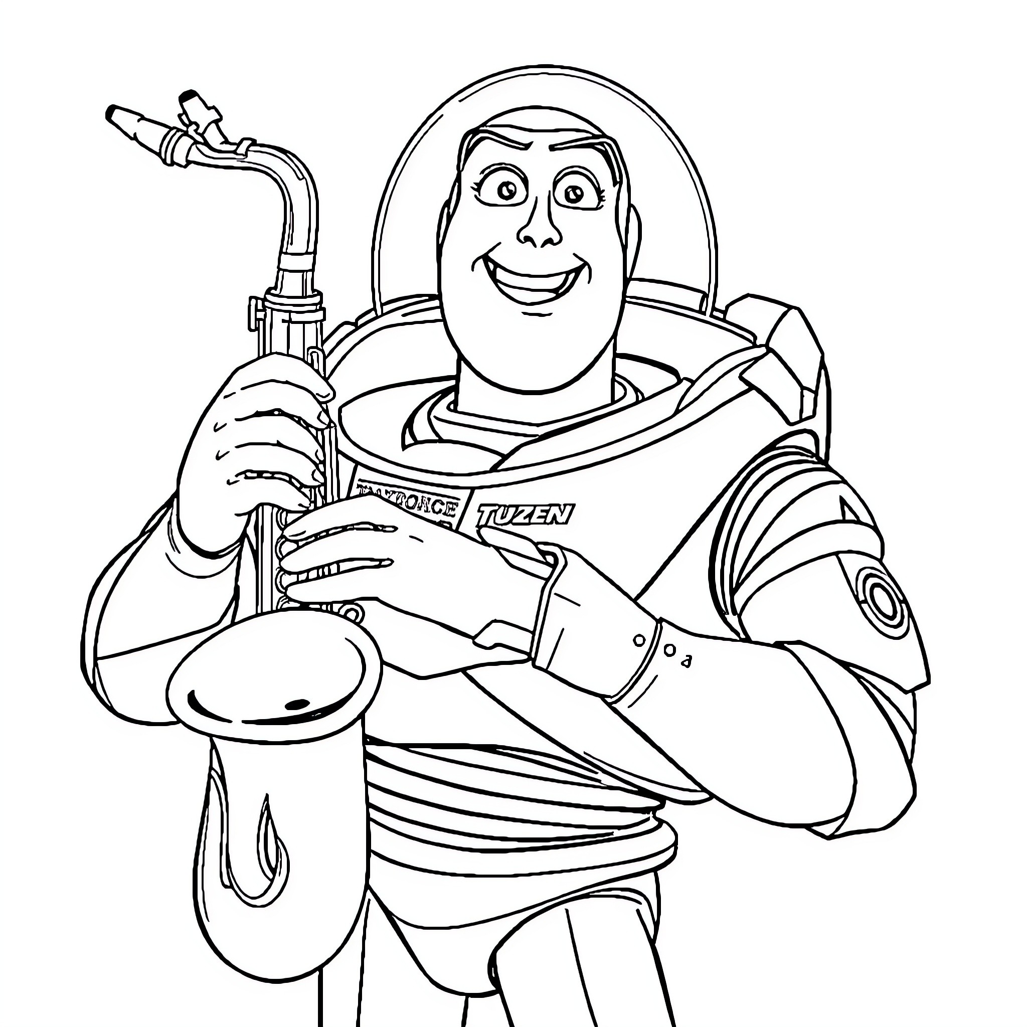 Buzz Lightyear in action with space gear Coloring Page (free black-and-white line drawing printable PDF for all, from beginners to advanced learners, including children, teens, adults, and seniors)