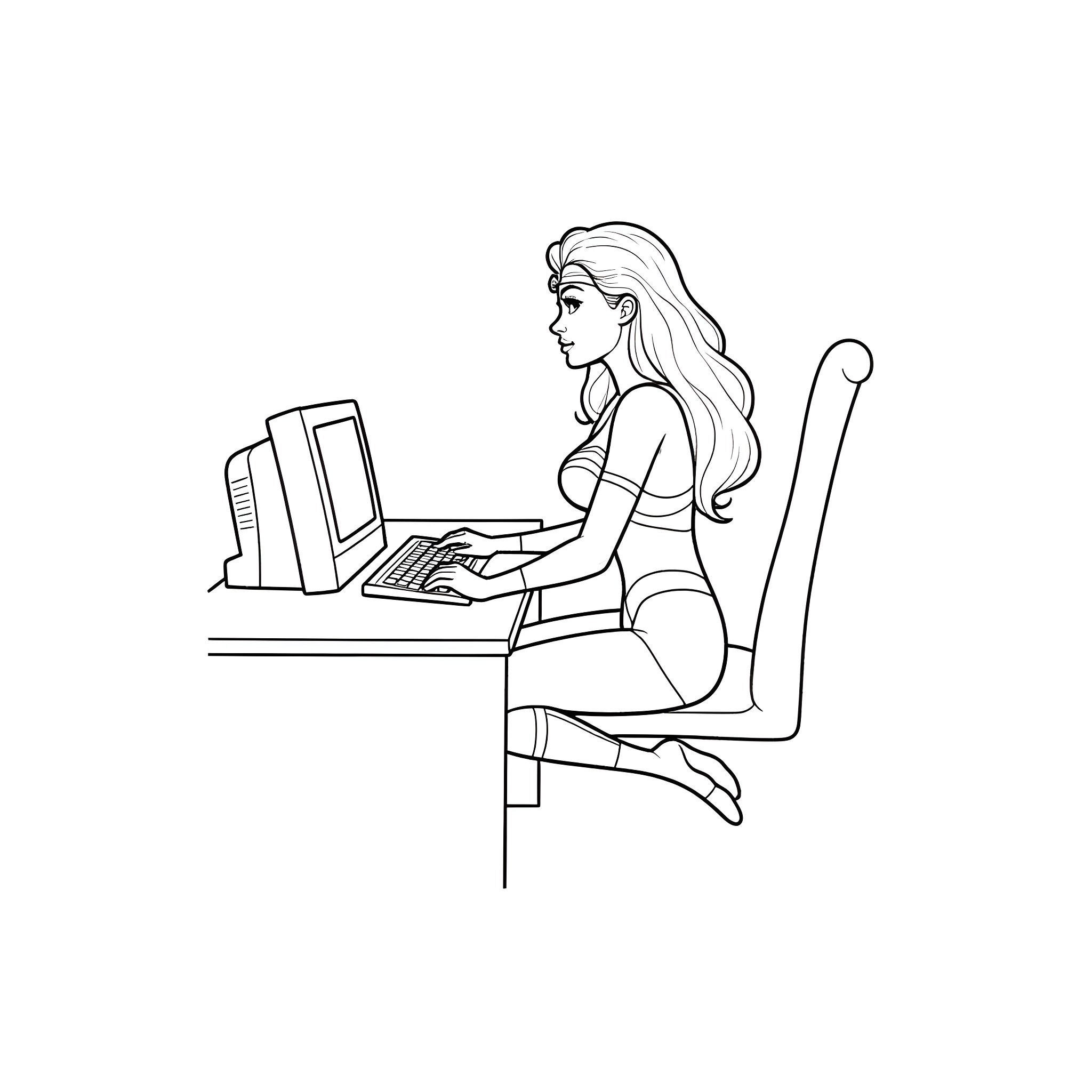 Wonder Woman Working on a Computer Coloring Page (free black-and-white line drawing printable PDF for all, from beginners to advanced learners, including children, teens, adults, and seniors)