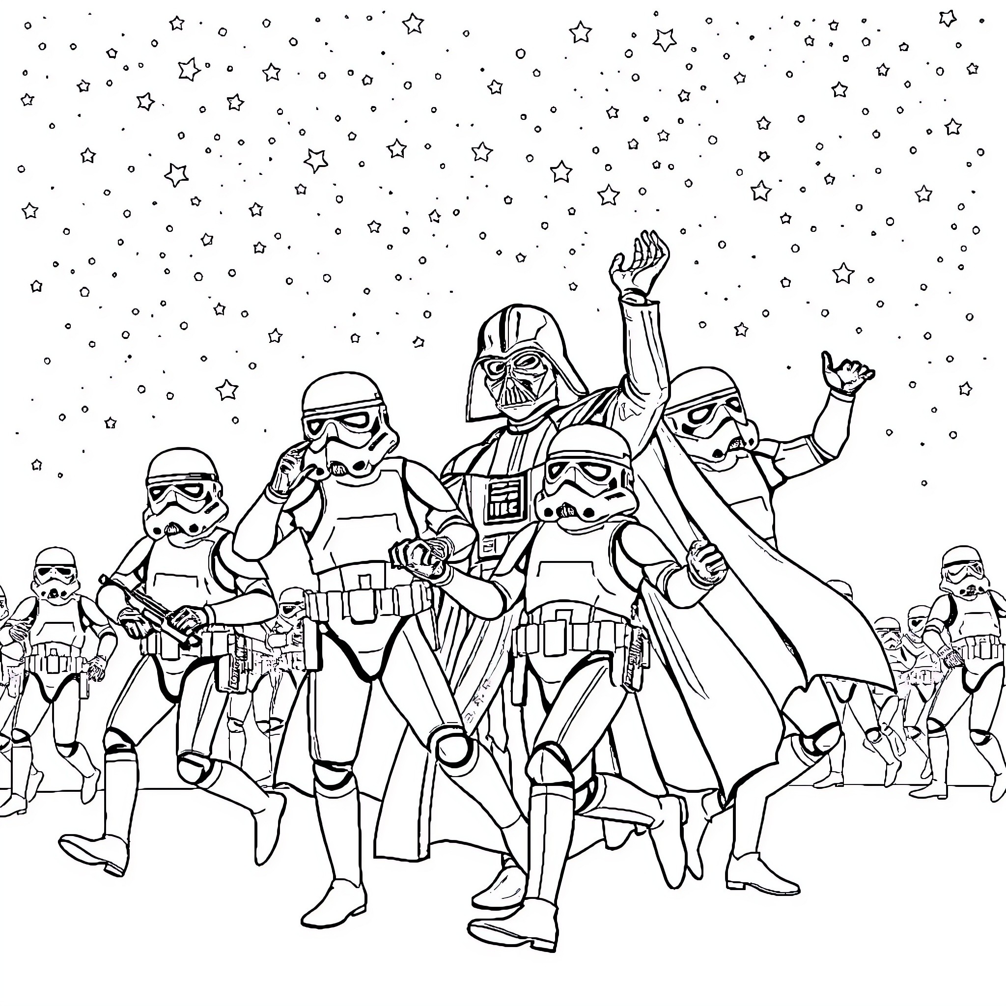 Stormtroopers Celebrating Amongst the Stars Coloring Page (free black-and-white line drawing printable PDF for all, from beginners to advanced learners, including children, teens, adults, and seniors)