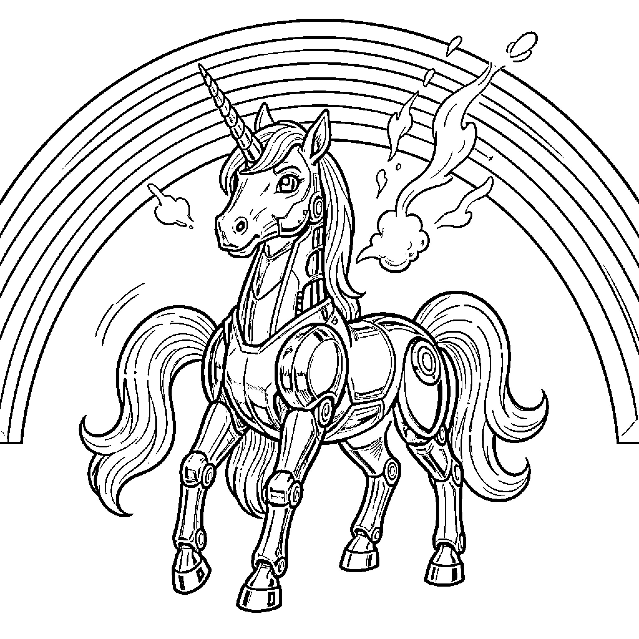 Unicorn Mechanic Delights with Rainbows Coloring Page (free black-and-white line drawing printable PDF for all, from beginners to advanced learners, including children, teens, adults, and seniors)