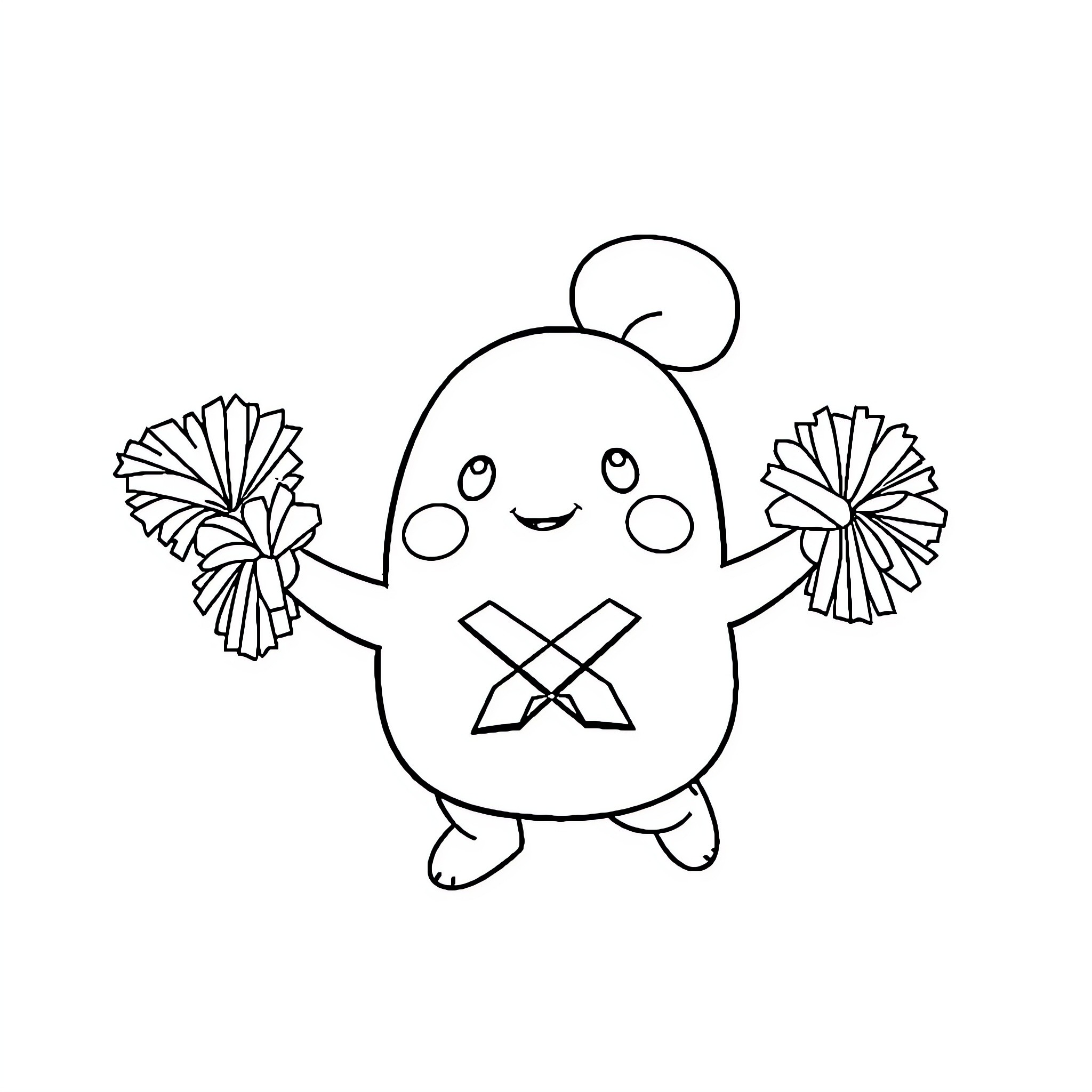 Squishmallow cheerleader performing with pom-poms Coloring Page (free black-and-white line drawing printable PDF for all, from beginners to advanced learners, including children, teens, adults, and seniors)