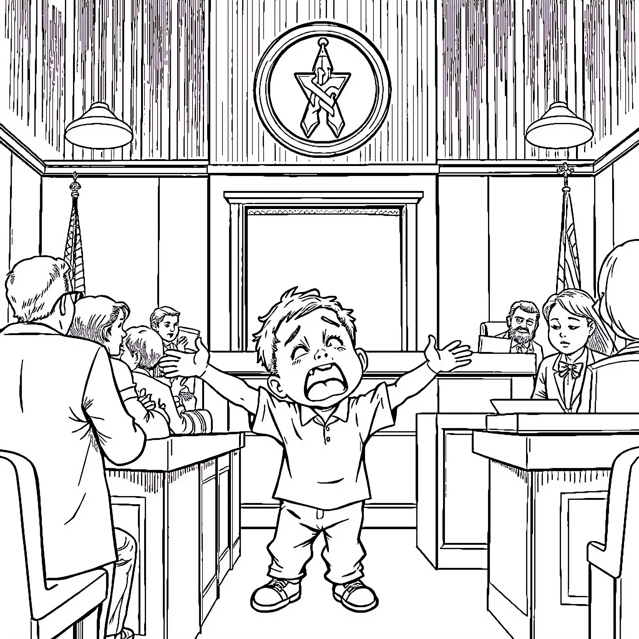 Boy pleading in a courtroom setting Coloring Page (free black-and-white line drawing printable PDF for all, from beginners to advanced learners, including children, teens, adults, and seniors)