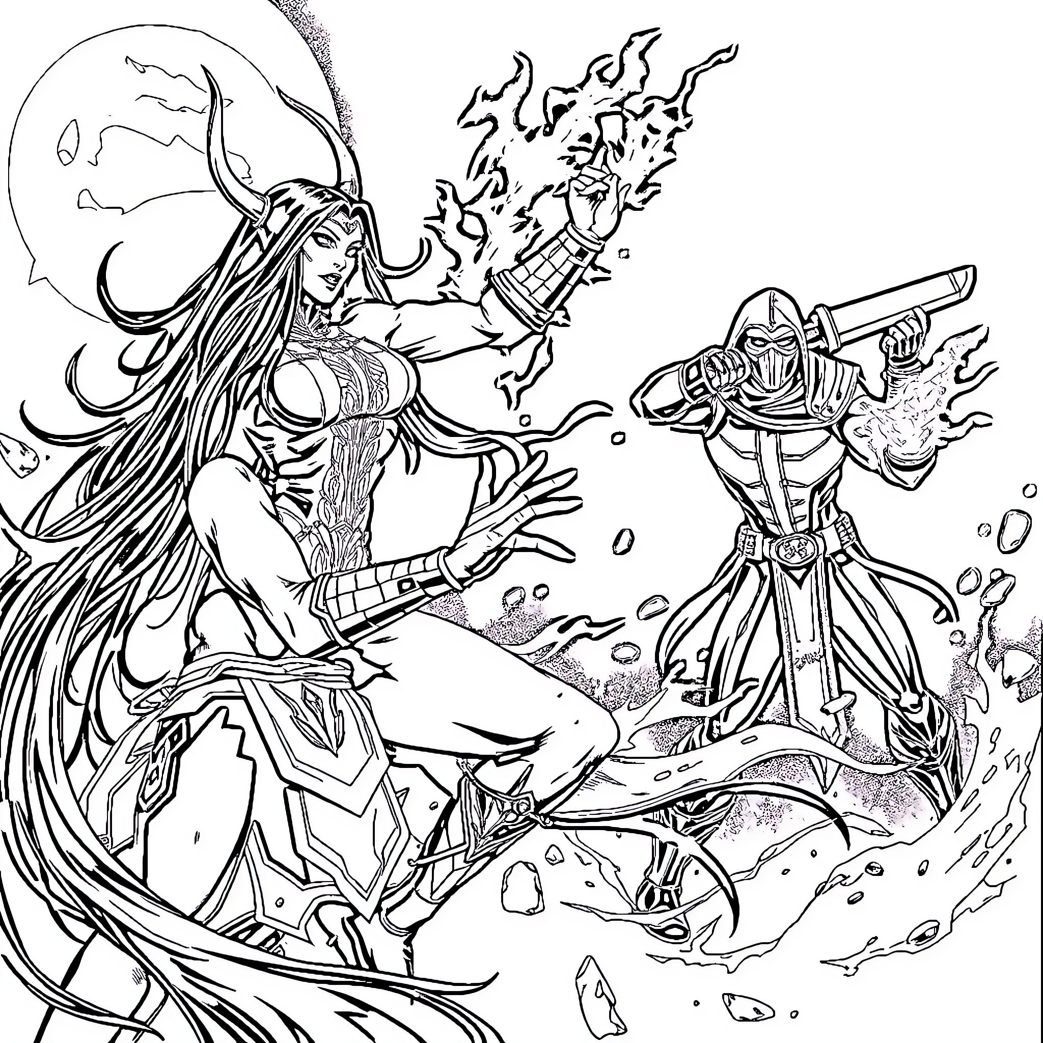 Sindel's Mystical Confrontation with a Warrior Coloring Page (free black-and-white line drawing printable PDF for all, from beginners to advanced learners, including children, teens, adults, and seniors)