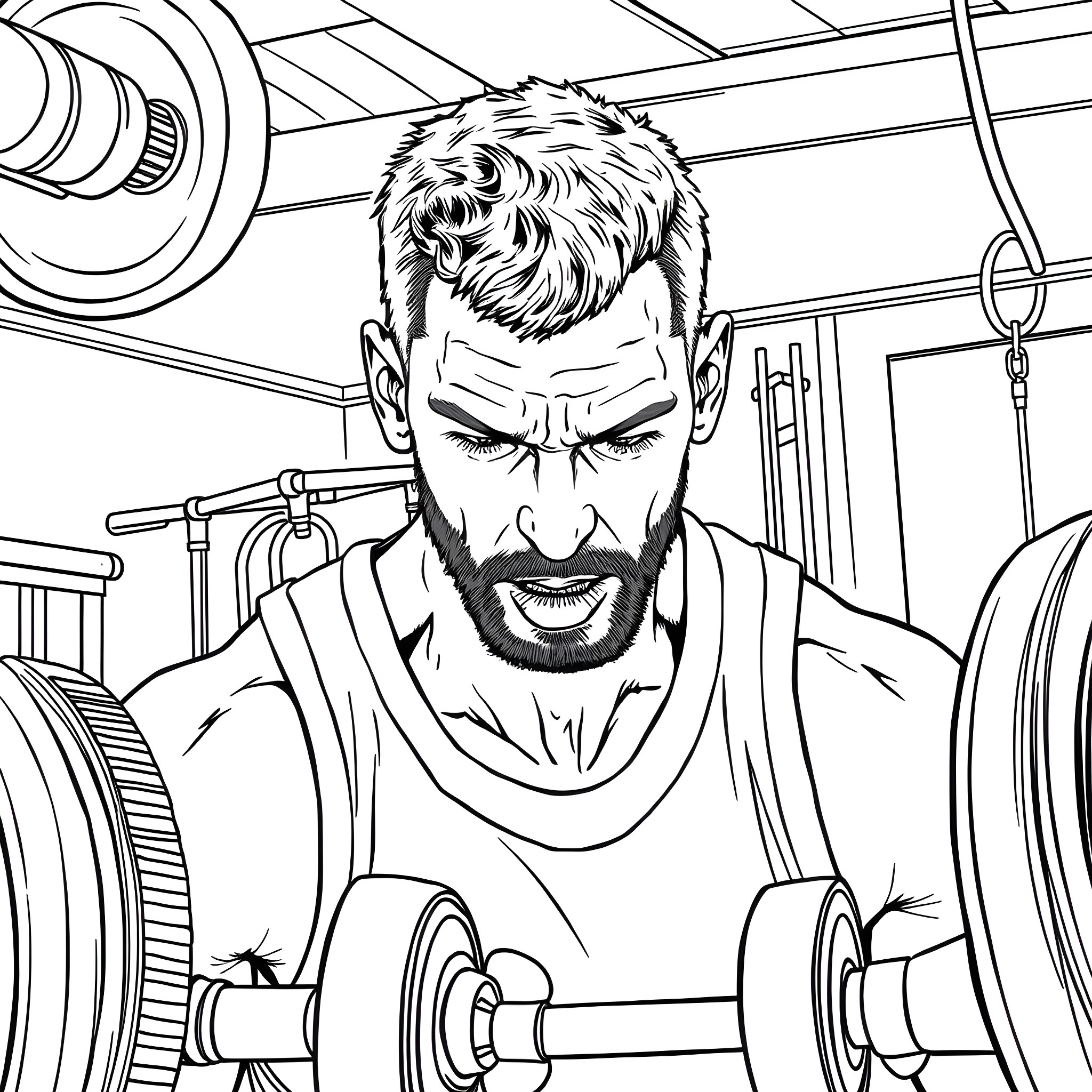 Jokic lifting weights intensely in the gym Coloring Page (free black-and-white line drawing printable PDF for all, from beginners to advanced learners, including children, teens, adults, and seniors)