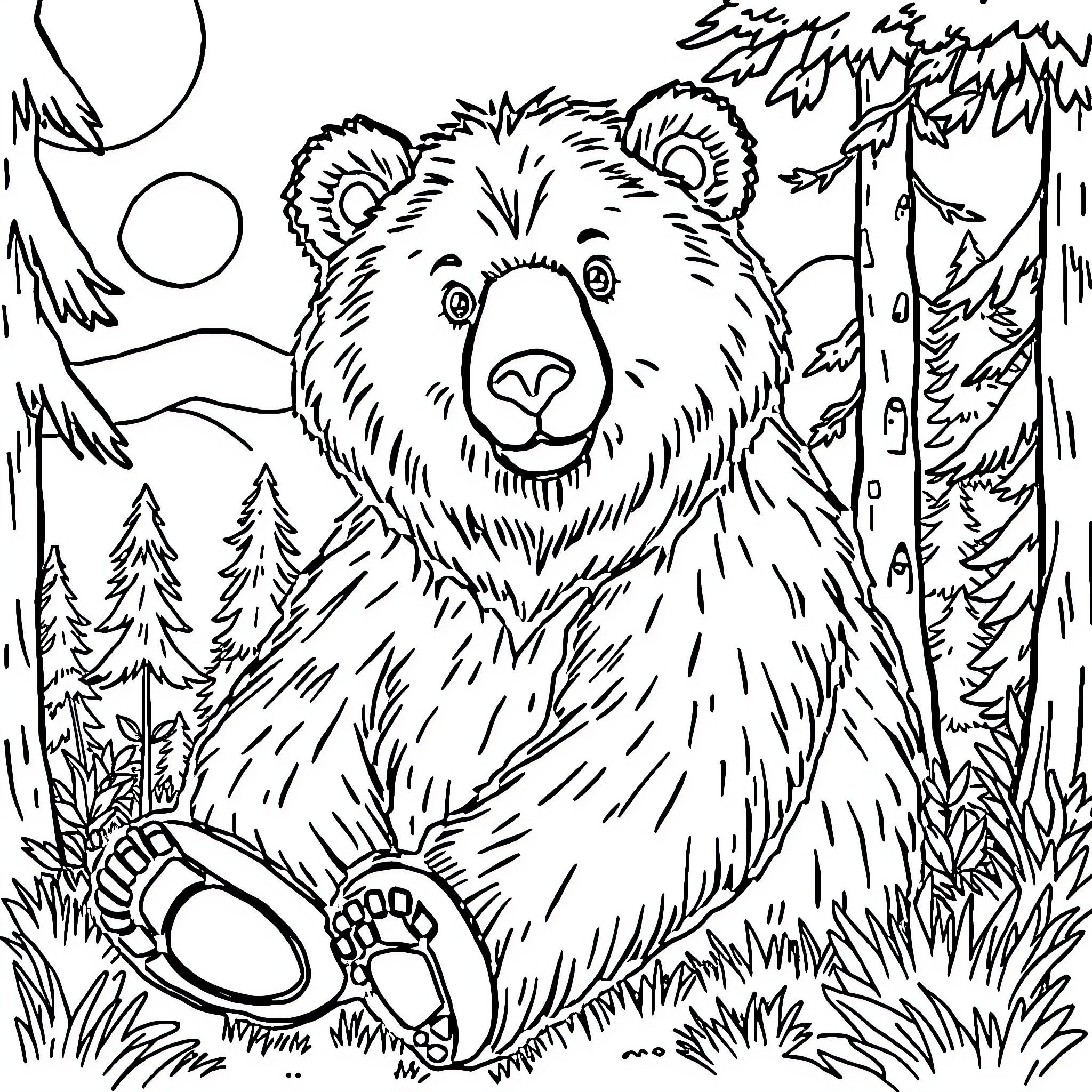 Bear exploring the wilderness Coloring Page (free black-and-white line drawing printable PDF for all, from beginners to advanced learners, including children, teens, adults, and seniors)