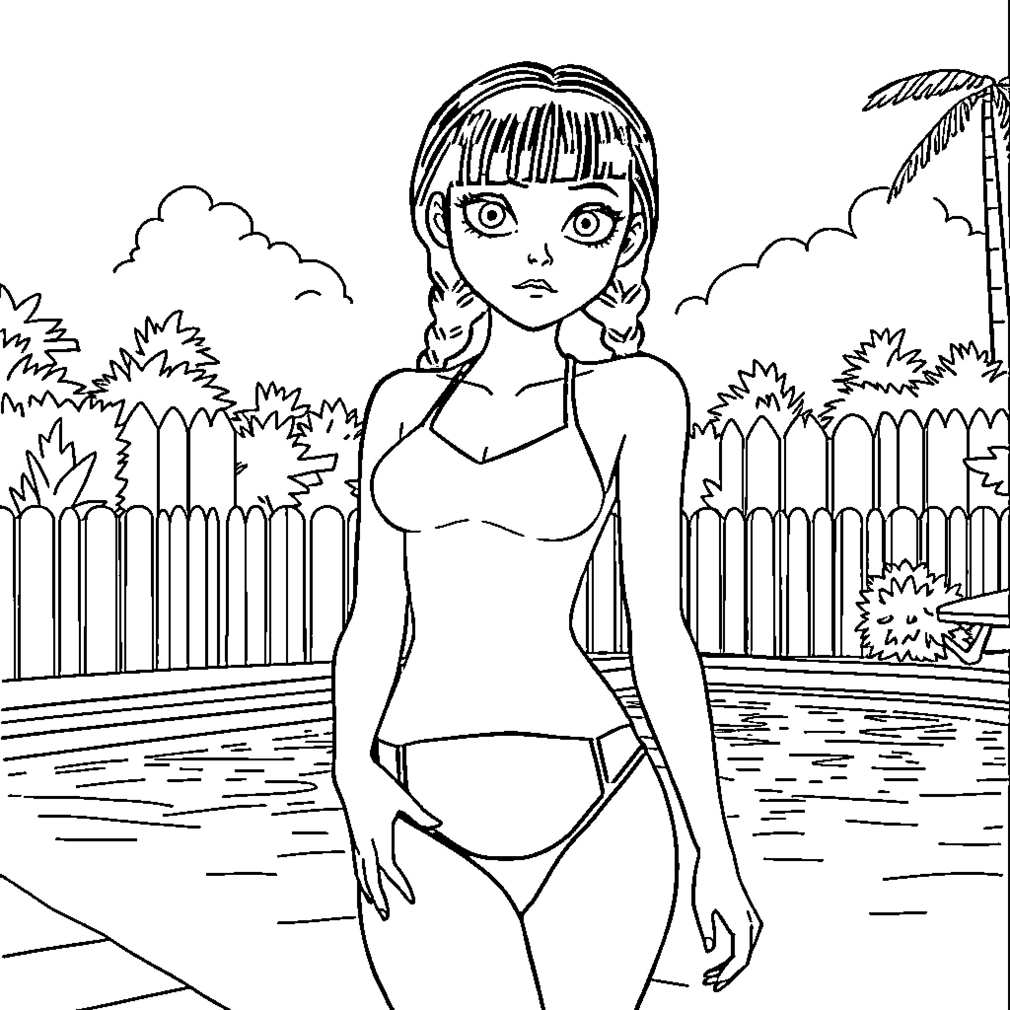 Wednesday Addams in a casual swimsuit by the pool Coloring Page (free black-and-white line drawing printable PDF for all, from beginners to advanced learners, including children, teens, adults, and seniors)