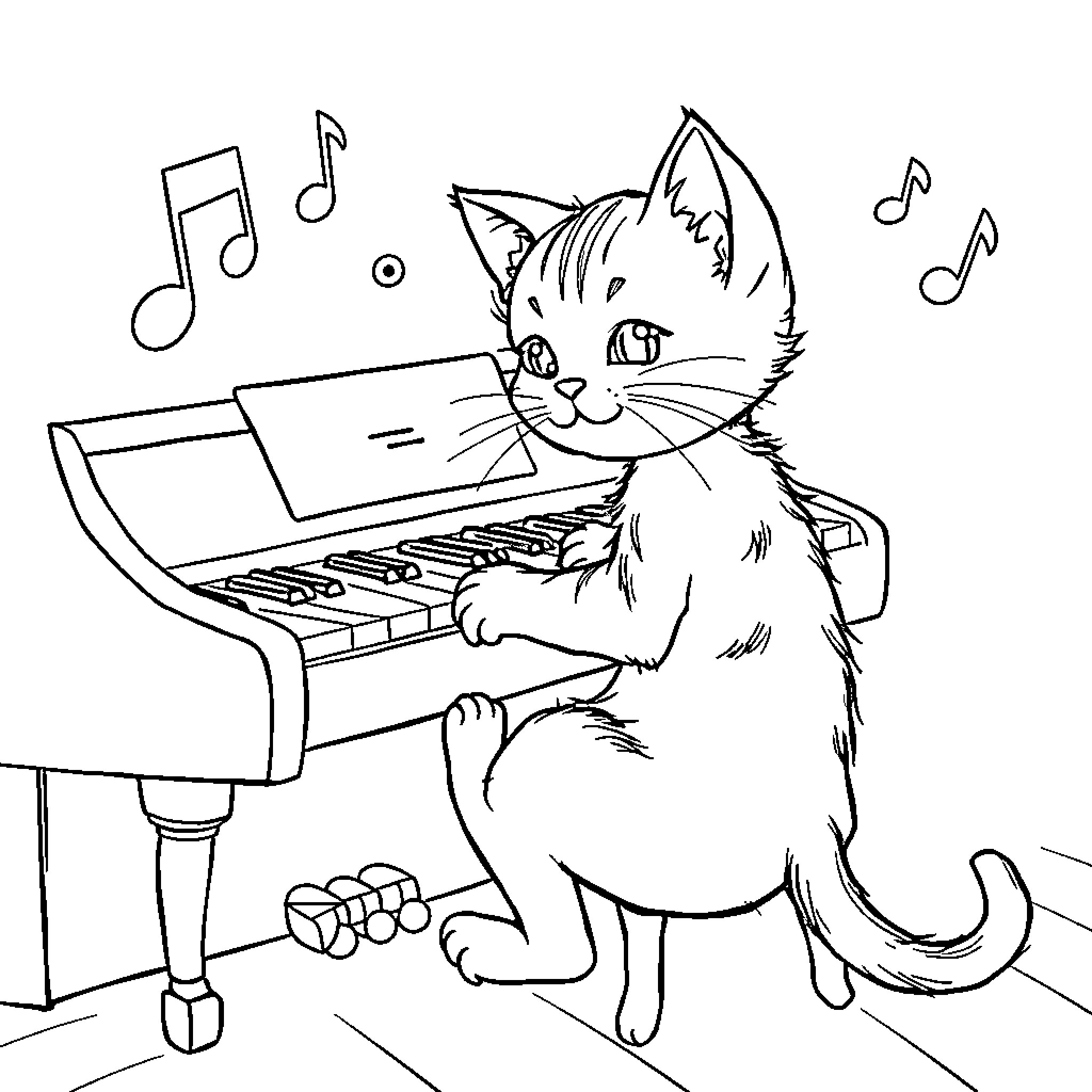 Cat playing piano and singing with music notes Coloring Page (free black-and-white line drawing printable PDF for all, from beginners to advanced learners, including children, teens, adults, and seniors)