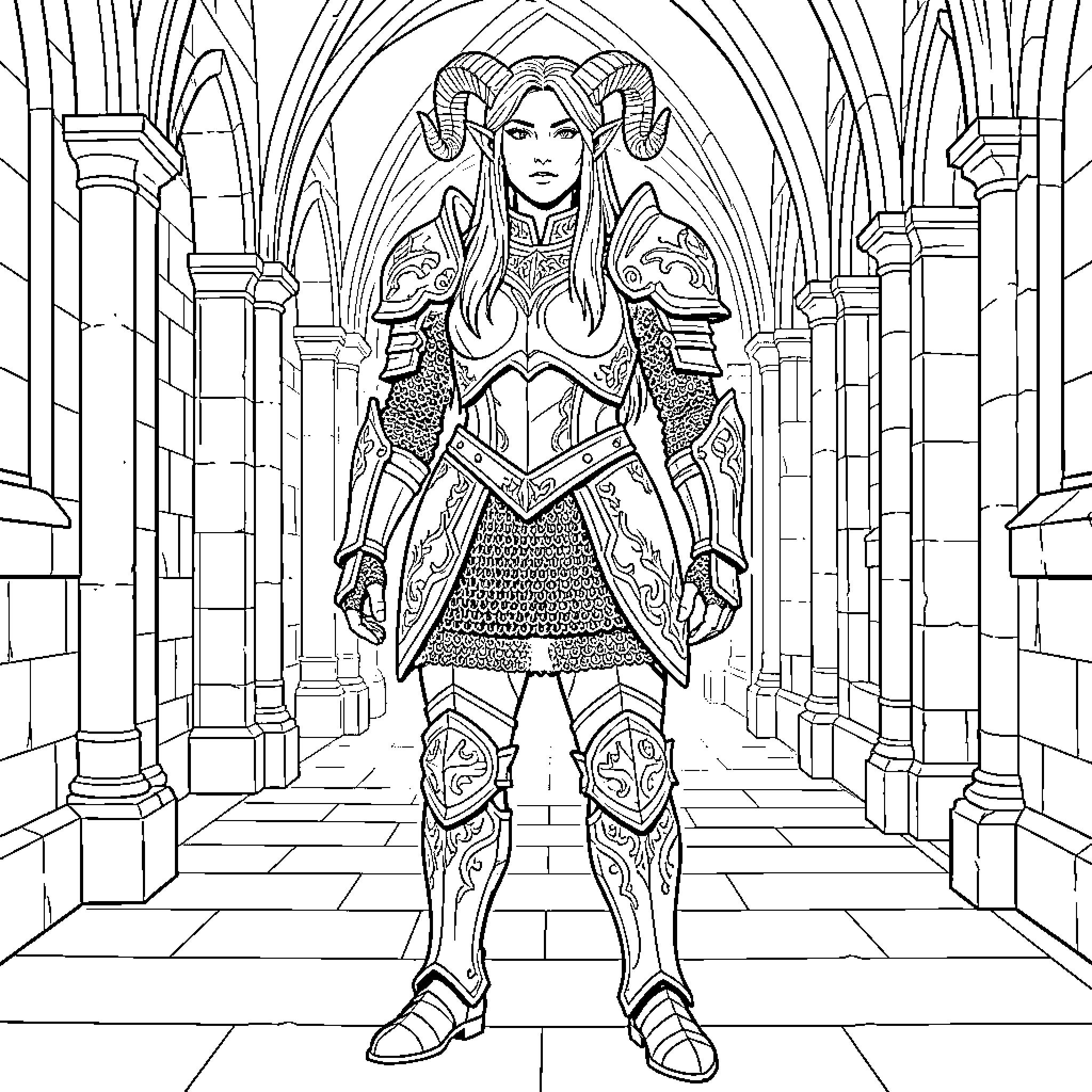 Elvin Warrior standing heroically in a stone corridor Coloring Page (free black-and-white line drawing printable PDF for all, from beginners to advanced learners, including children, teens, adults, and seniors)