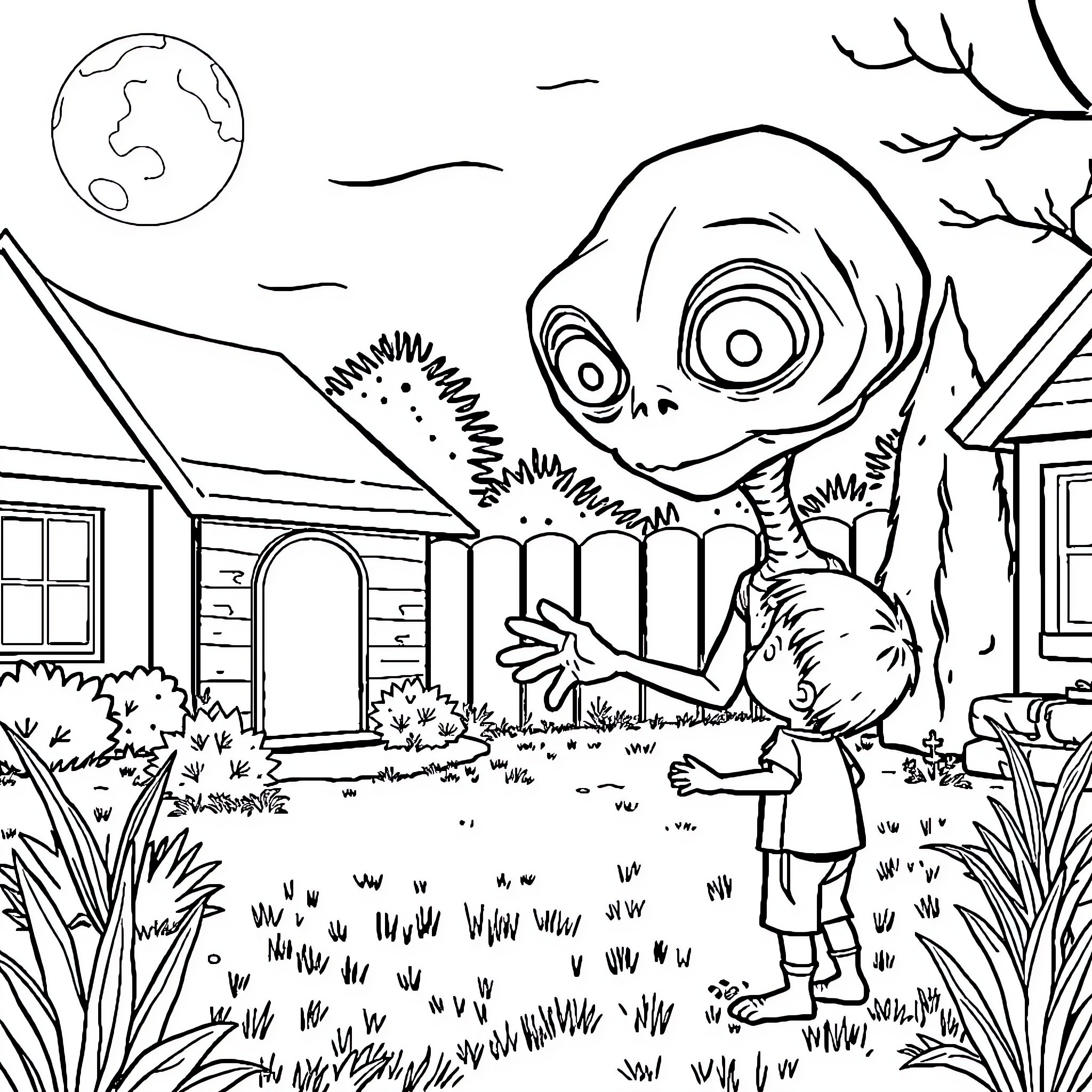 ET exploring a friendly neighborhood at night Coloring Page (free black-and-white line drawing printable PDF for all, from beginners to advanced learners, including children, teens, adults, and seniors)